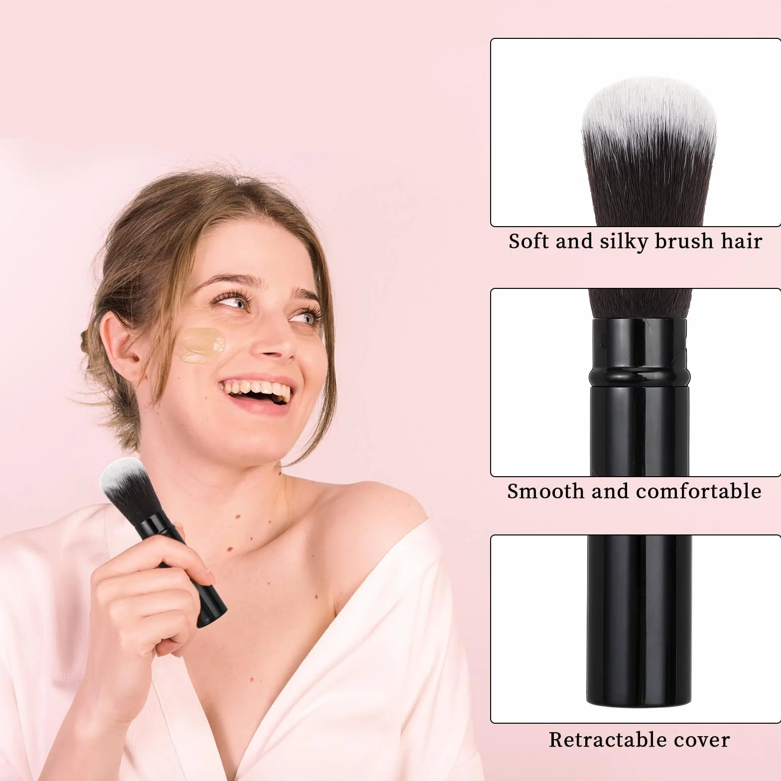 Kabuki pędzel do makijażu, czarny, wysuwany pędzel do tuszu do rzęs z pokrywką, do ochrony przed słońcem, bronzer róż