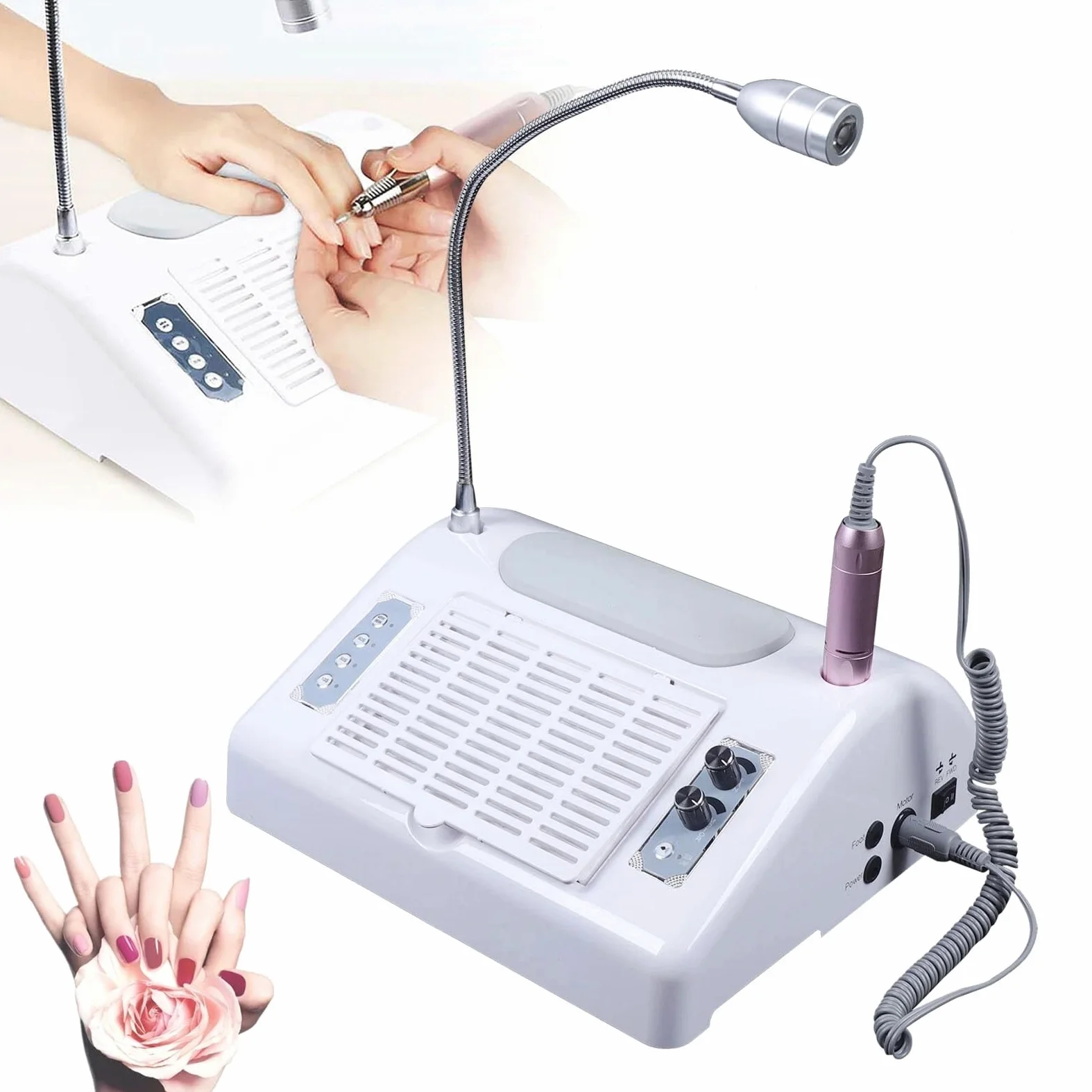 odkurzacz do paznokci, Urządzenie do manicure 5 w 1 z lampą UV LED do paznokci, suszarką, odkurzaczem i pochłaniaczem pyłu do frezarki do paznokci