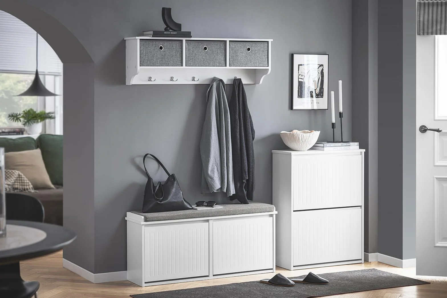 SoBuy FSR98-XL-W Szafka na buty ławka z poduszką do siedzenia komoda z 2 klapami z szufladami,100 x 26 x 46 cm