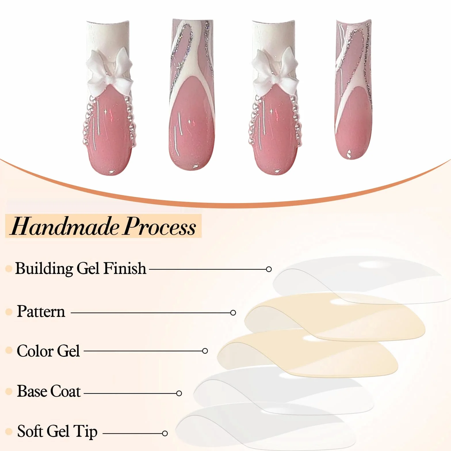 GlamRays French Tip Press On Nails długie, kwadratowe, sztuczne paznokcie, błyszczące, trumienne, sztuczne paznokcie z kokardą i strasem, biała francuska końcówka z perłowymi wzorami, akrylowe