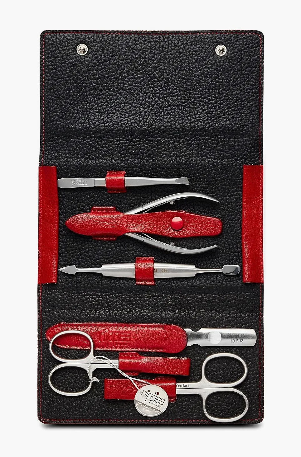 nippes Solingen Premium Line Wild Red, 6-częściowy zestaw do manicure, stal nierdzewna, nie zawiera niklu, etui ze skóry bydlęcej z zatrzaskami, czerwony/czarny, zestaw do pielęgnacji paznokci, Made