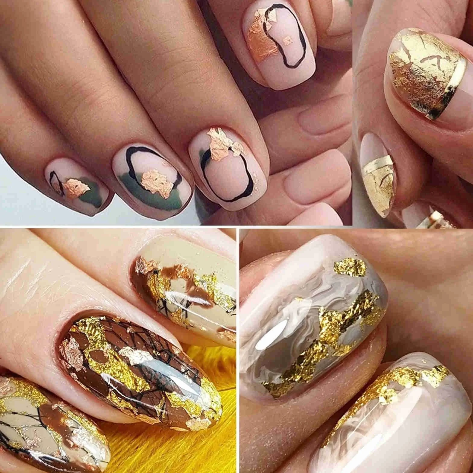 Brokat Złoty Liść Płatki Holograficzne Nail Art - 2 Szt. Papier Foliowy, Mieszanka Liści Srebrny Miedź