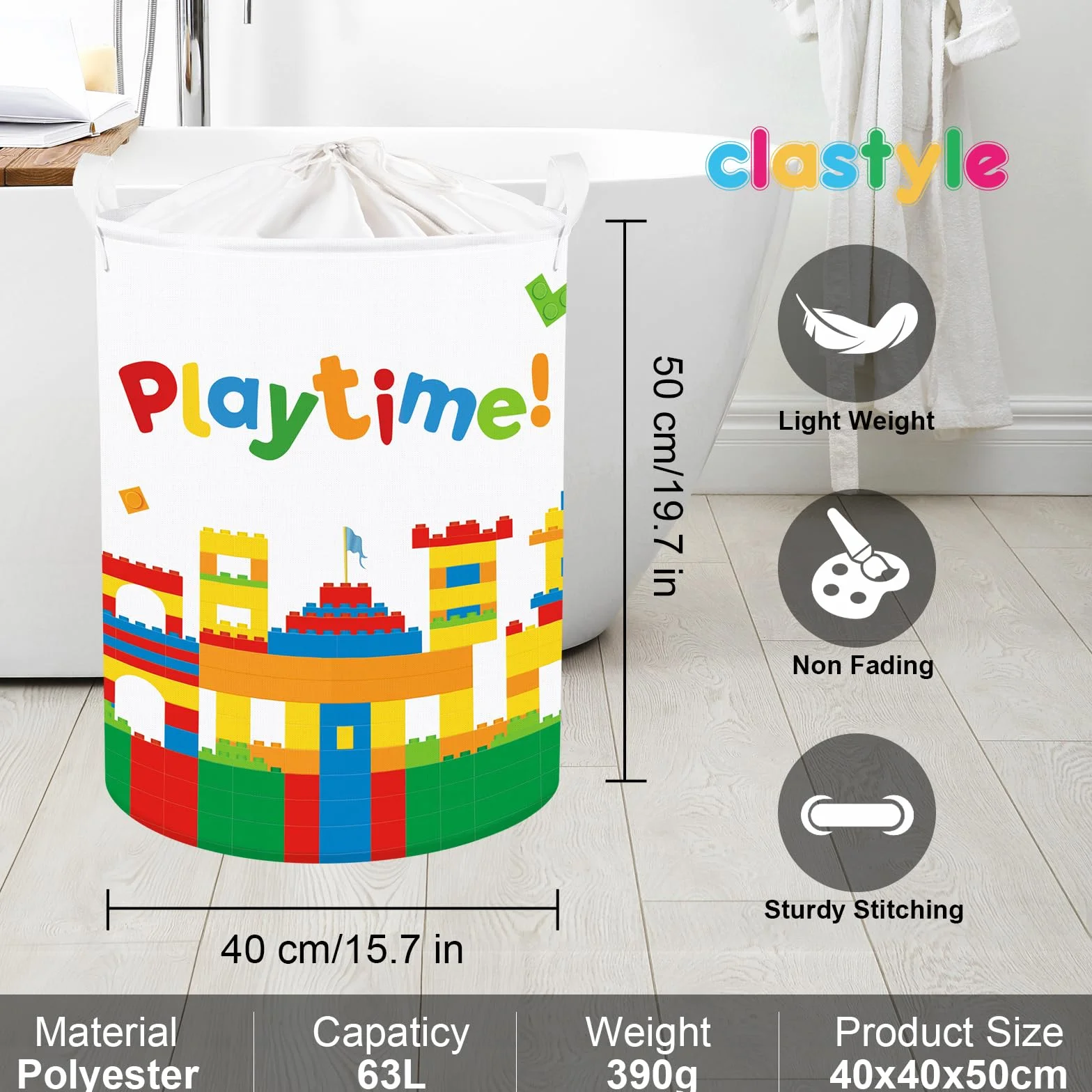 Clastyle Duży kosz na pranie 63 l z pokrywką dla dzieci
