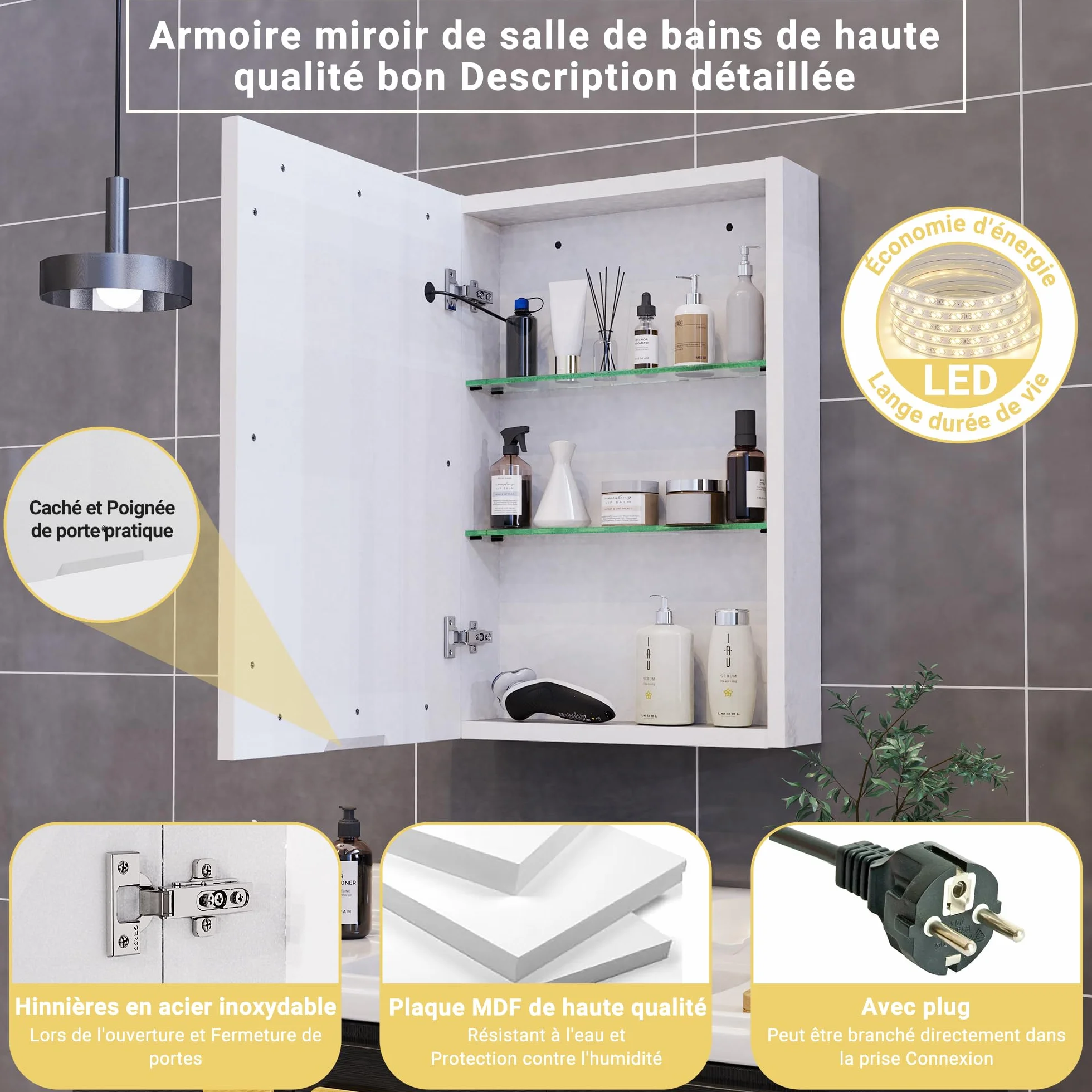 Szafka łazienkowa z lustrem LED 50x70 cm sterowanie dotykowe biała