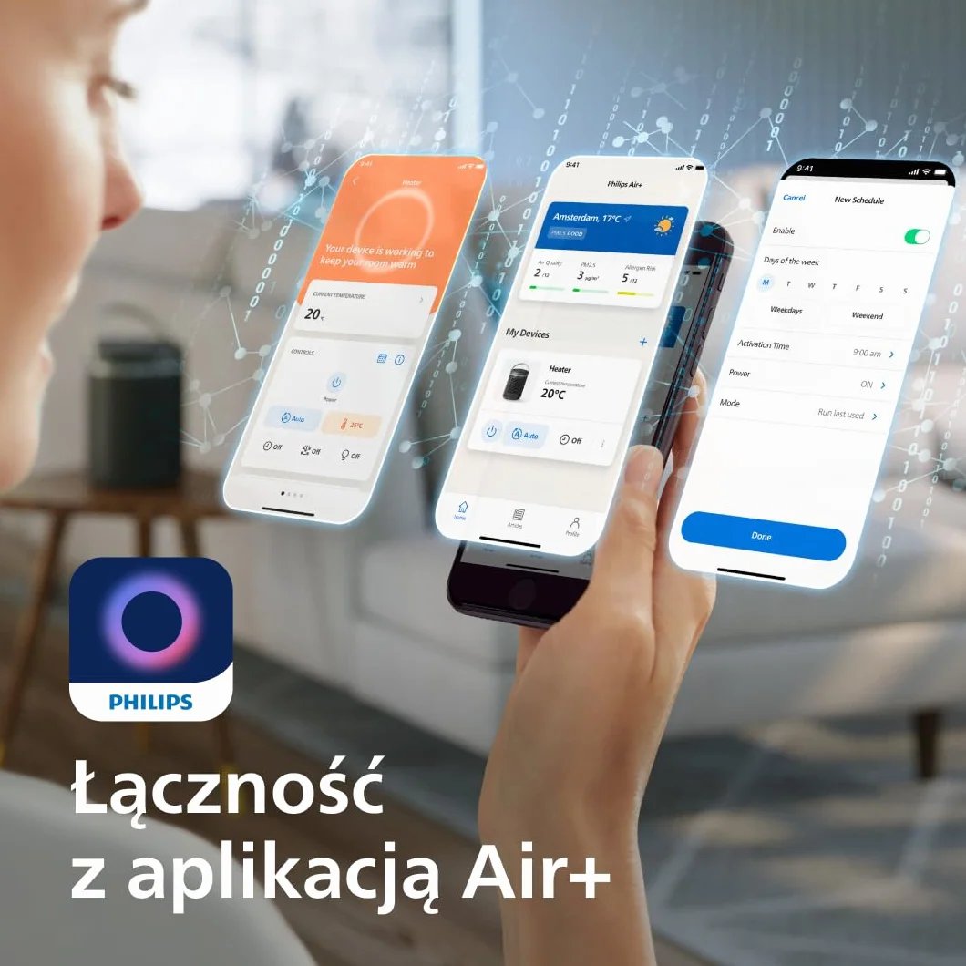 Philips Serii 3000 Termowentylator 2000 W EcoAI Oszczędność 50% Aplikacja Cicha Praca 24 dB(A) Oscylacja 45° Ciemnoszary CX3120/01