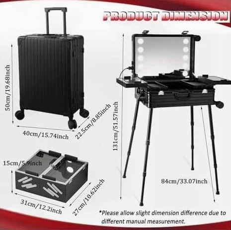 Ponadwymiarowy profesjonalny Kuferek na kosmetyki na kółkach Kufer na kosmetyki na kółkach Aluminiowa, podświetlana walizka na kosmetyki z oświetleniem LEDProfesjonalny organizer do makijażu Studio Za