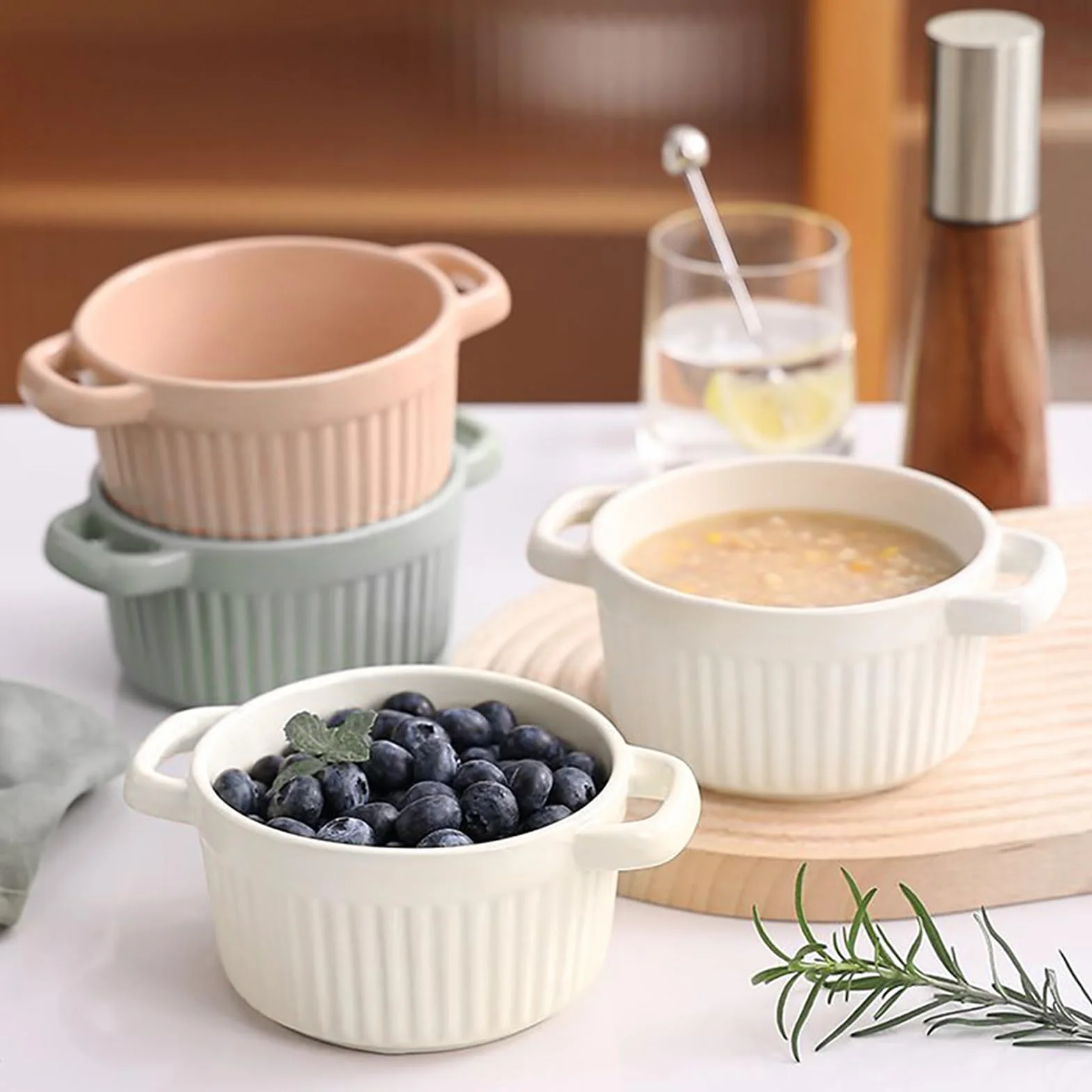 Mini Cocotte 2-częściowy zestaw mini Cocotte z pokrywką 250 ml, okrągłe naczynie do zapiekanek, ceramicznych, z uchwytami do lasagne, sufletu, warzyw, kremowej brûlée, do frytkownicy na gorące