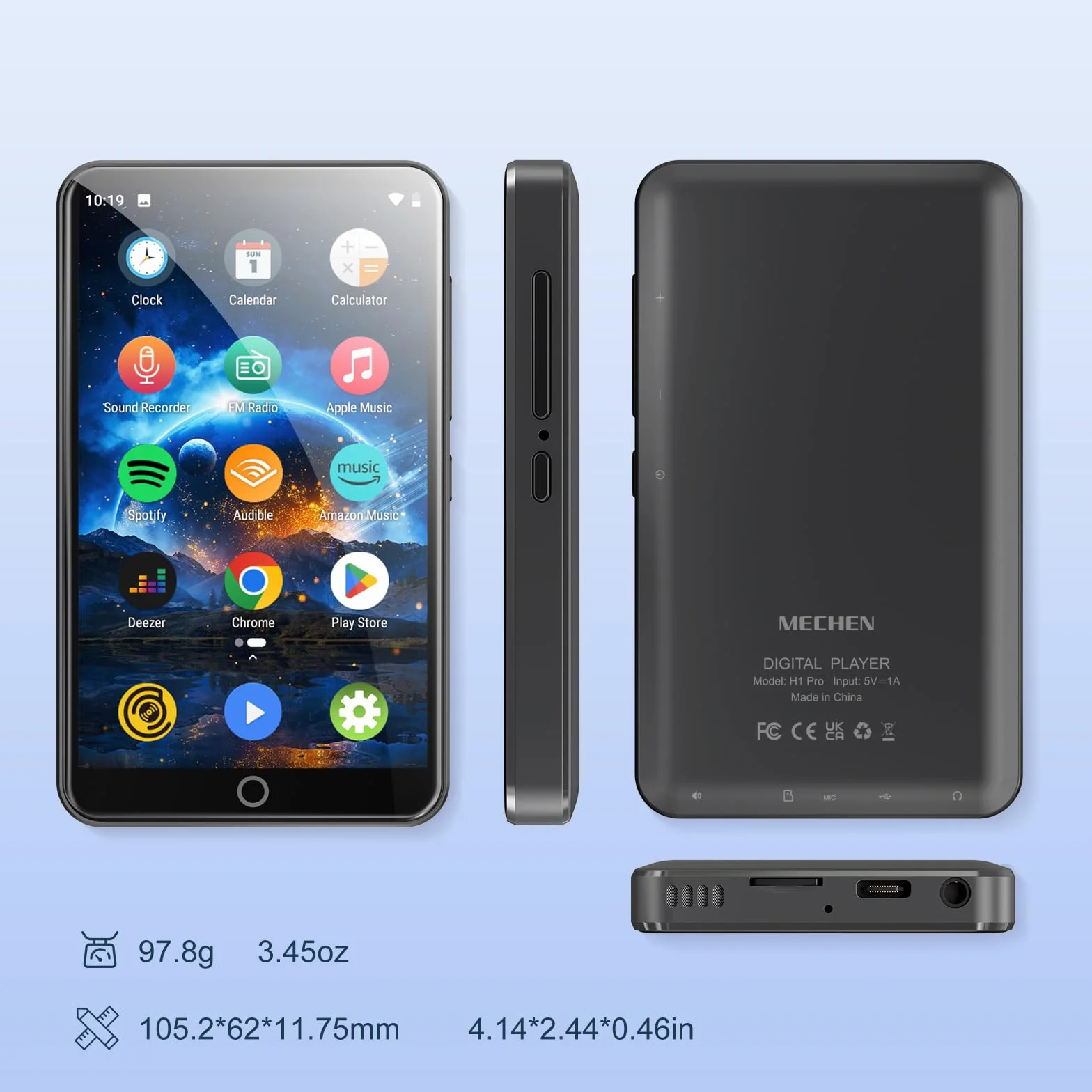 Odtwarzacz MP3 ze Spotify, MECHEN MP3 Player Bluetooth WLAN, przenośny odtwarzacz MP4 z systemem Android z muzyką Amazon, Deezer, kompatybilny z dźwiękiem, ekran dotykowy 4" (Szary)