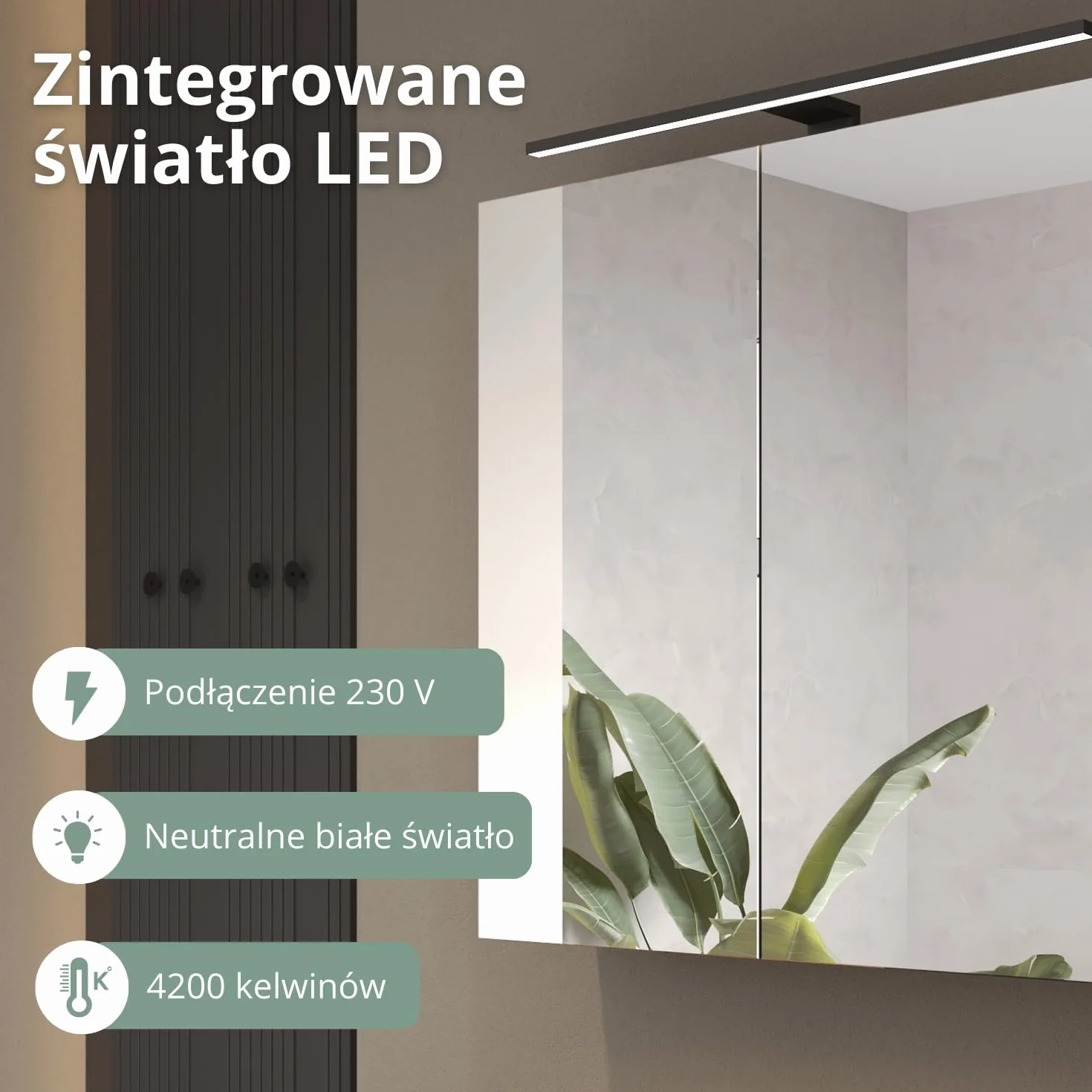 Planetmöbel ARIA Szafka z lustrem i oświetleniem 100 x 70 x 16 cm wisząca szafka łazienkowa Biało szara z gniazdkiem elektrycznym