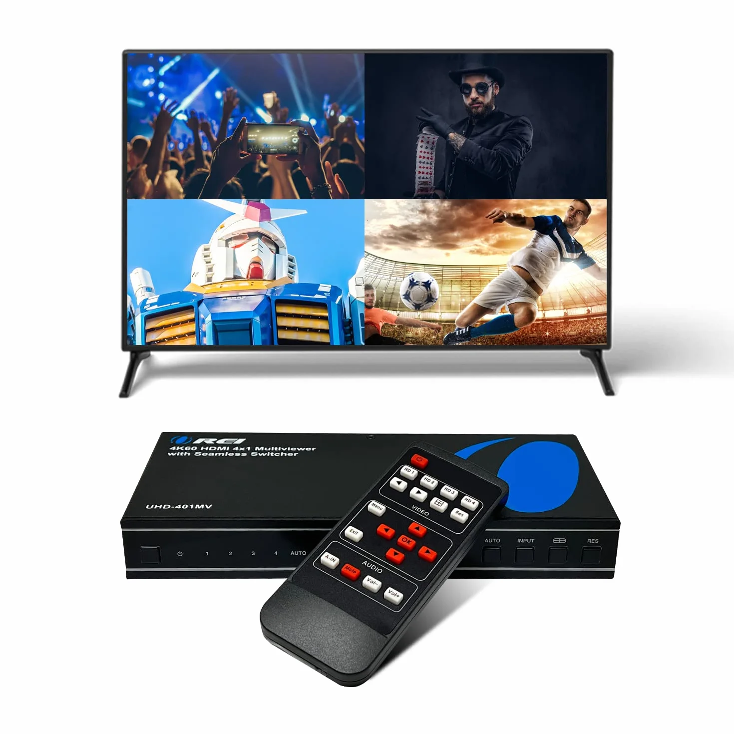 OREI 4K UHD-401MV Multi HDMI Viewer 4 w 1 Wyjście 4 porty Bezszwowy pilot na podczerwień Obsługa 4K @ 60 Hz 1080p do PS4/PC/DVD/kamery bezpieczeństwa, przełącznik HDMI