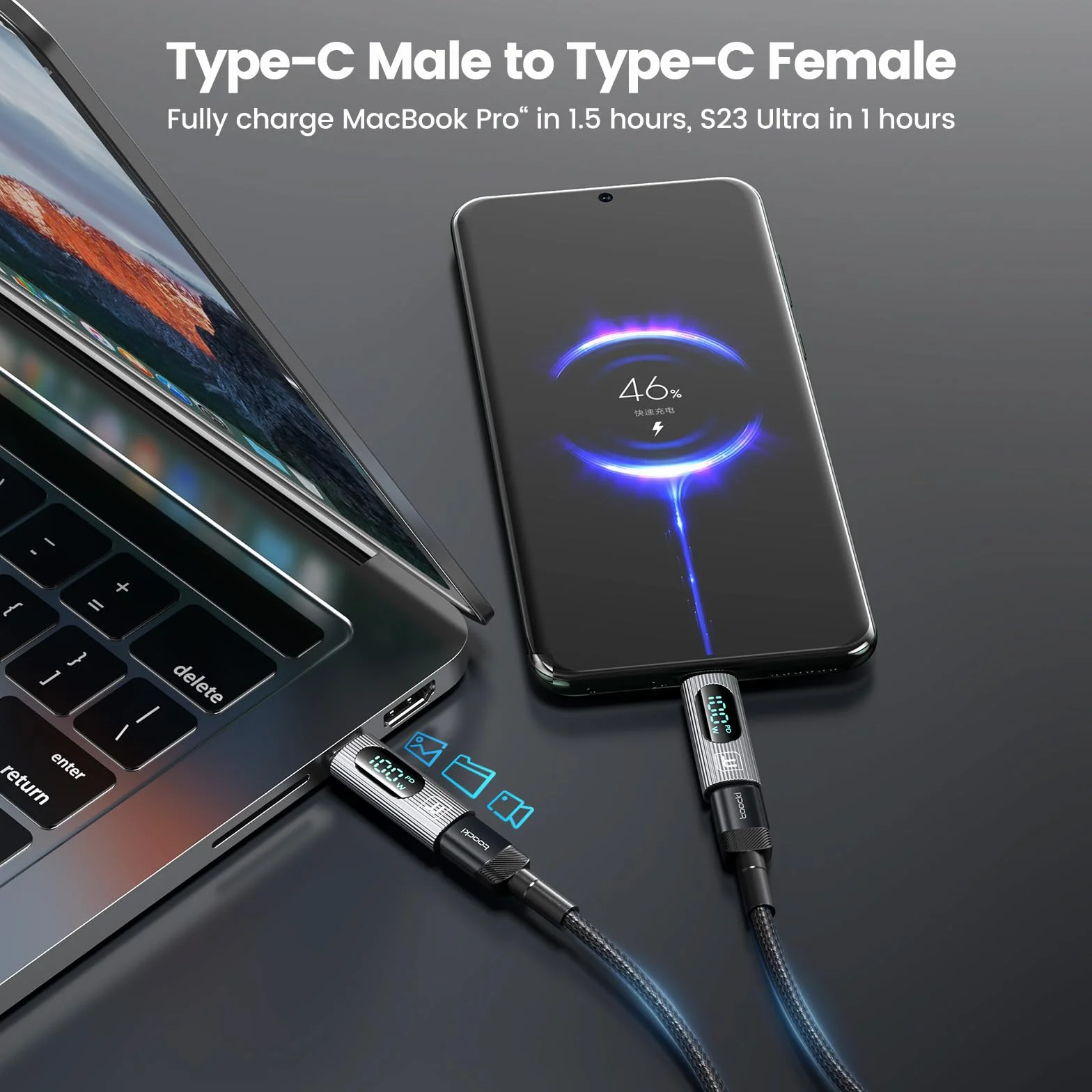 Adapter USB C, 2szt. 100W USB C żeński na USB C męski Adapter przedłużający Typ C Tester miernika mocy z cyfrowym wyświetlaczem do iPada Pro iPhone15Pro Max/MacBook Pro (Srebrny)