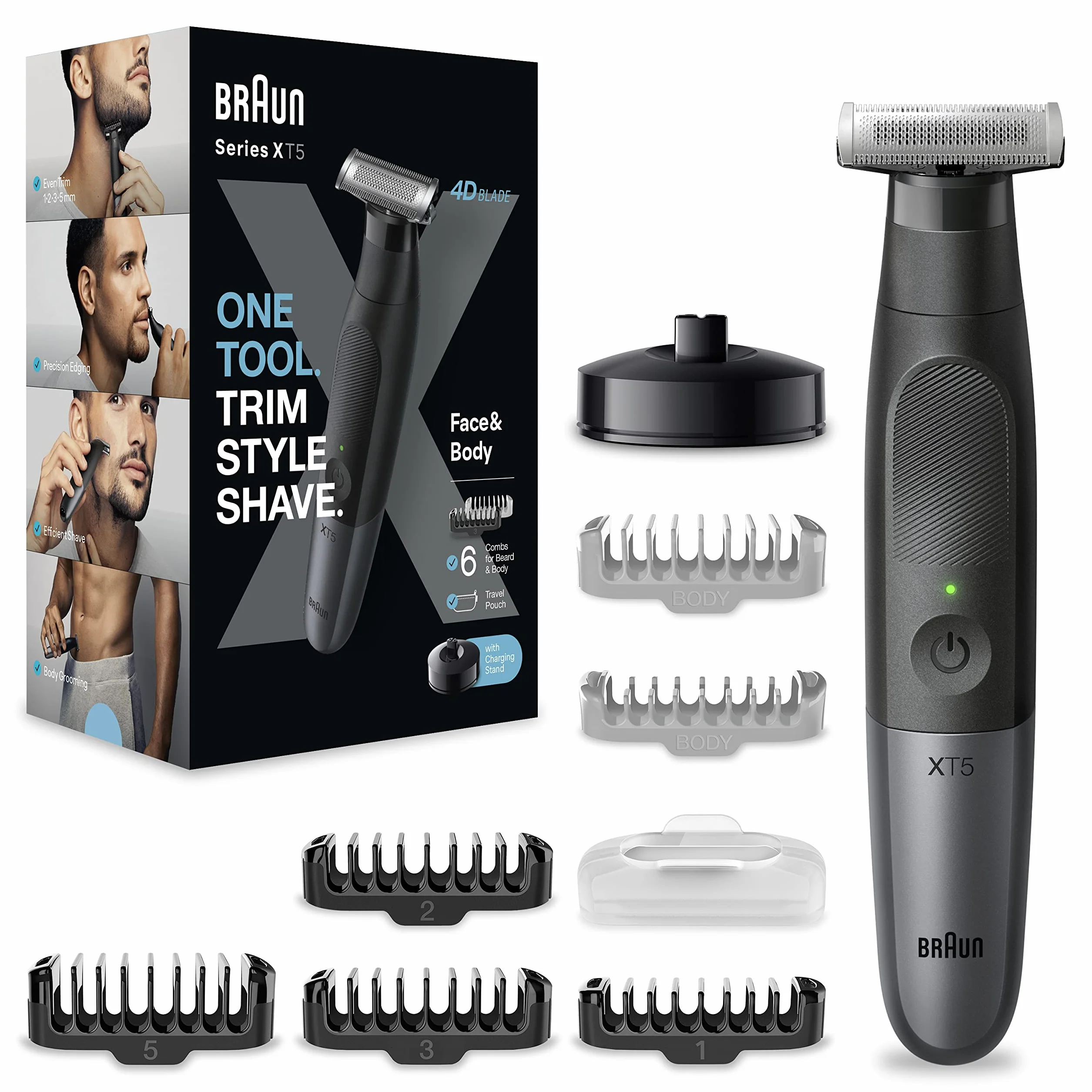 Braun Series XT5 Golarka elektryczna do twarzy i ciała, trymer do brody i bodygroomer, + 8 akcesoriów, ostre ostrze Flex 4D, stacja ładująca, trwała, 6 miesięcy, czas pracy 45 minut, XT5300, szara