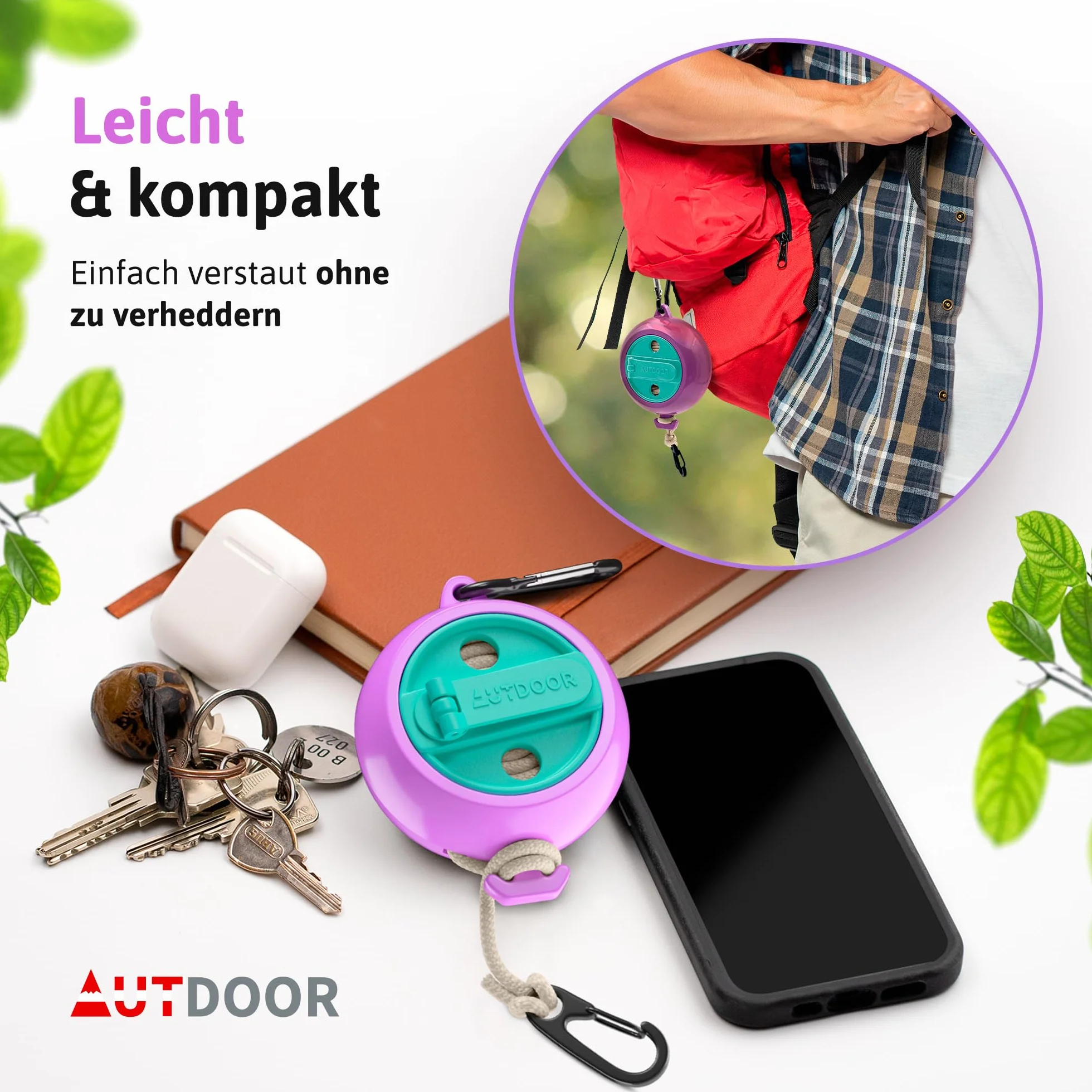 AUTDOOR® Rozsuwana linka do suszenia prania – z rozkładaną korbą ręczną do łatwego zwijania – wytrzymała linka podróżna 10 m na kemping, do kampera i na balkon (pastelowy retro)