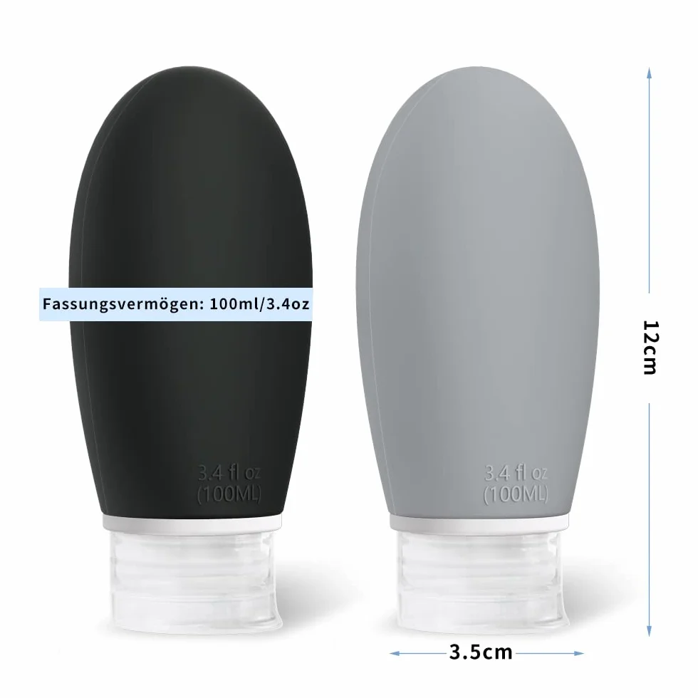 Opret Zestaw silikonowych butelek podróżnych, 100 ml, 3 sztuki, szczelne, do wielokrotnego napełniania, przenośne pojemniki do szamponu, kremów, odżywki, nie zawierają BPA i posiadają certyfikat TSA