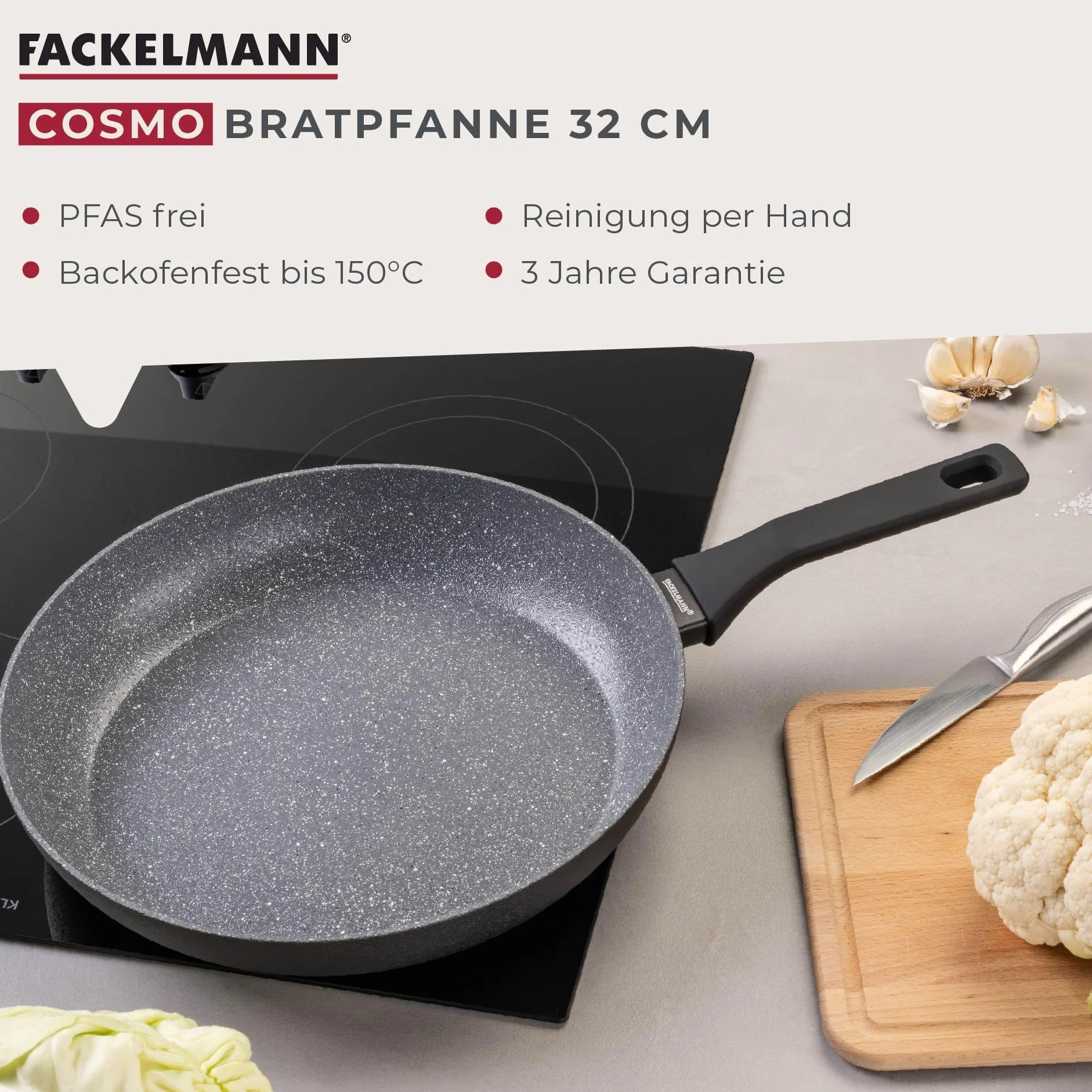 Fackelmann Patelnia Cosmo 32 cm z tłoczonego aluminium powłoka ceramiczna Excilon bez PFAS uchwyt Soft-Touch