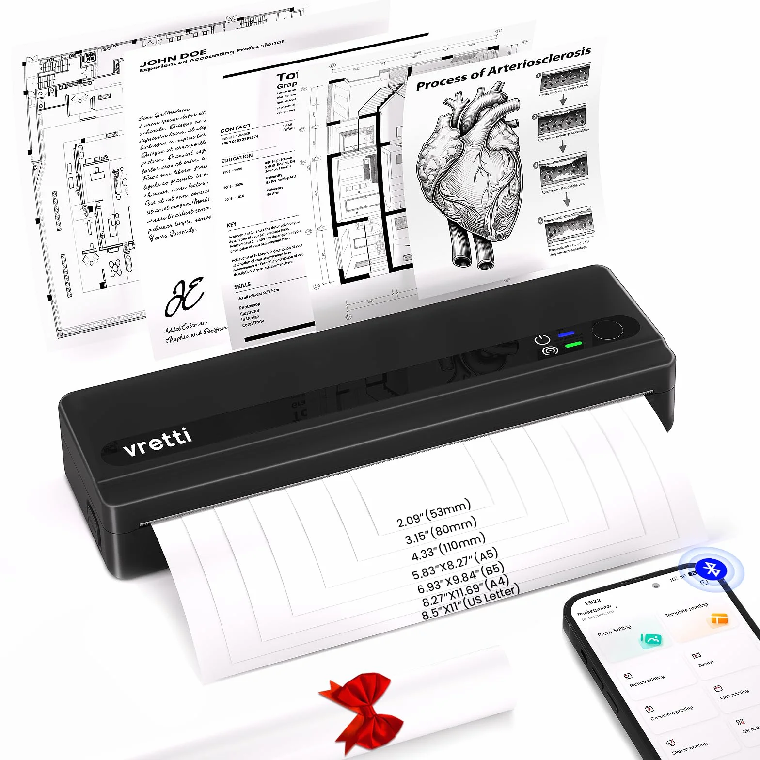 vretti PB821 Przenośna drukarka, Przenośna drukarka termiczna obsługuje drukowanie na papierze termicznym A4, Drukarka termiczna Bluetooth obsługuje iOS i Android, Czarna