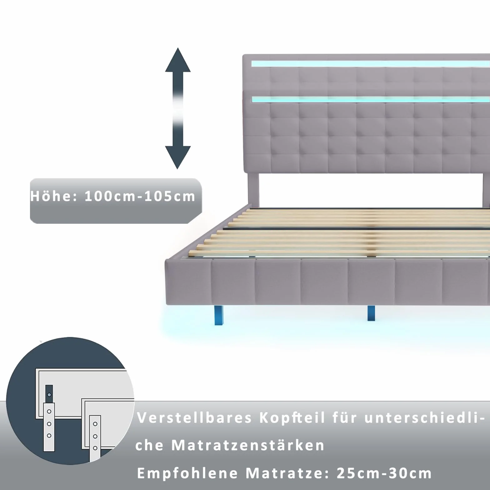 Łóżko tapicerowane 160x200 cm z oświetleniem LED i USB, szare