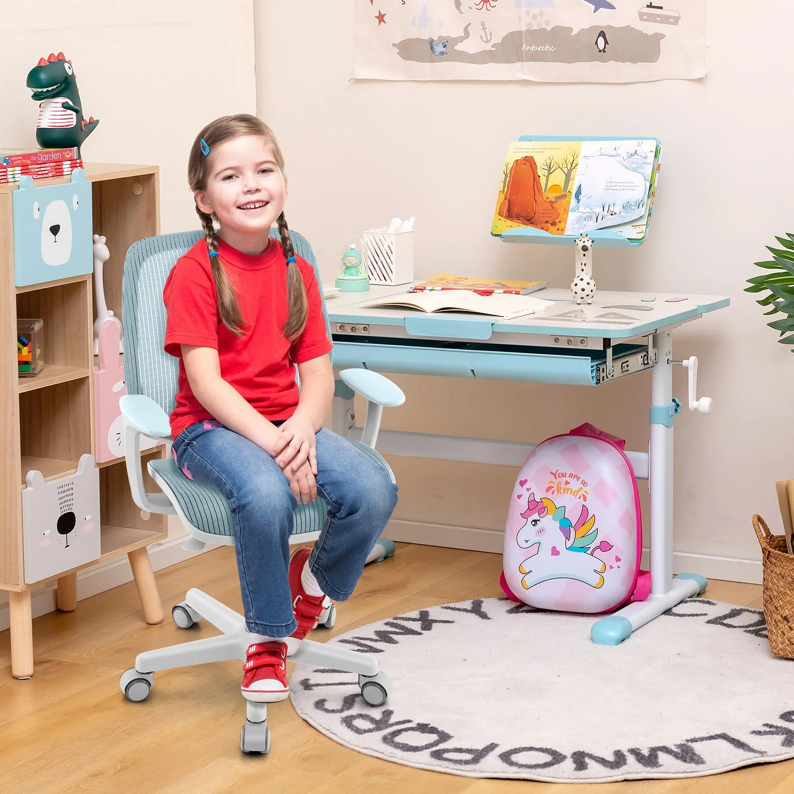 GOPLUS Krzesło biurowe dla dzieci, obrotowe krzesło dziecięce z regulacją wysokości, wysokość siedziska 43-55 cm, krzesło biurowe z oparciem, podłokietnikami i kółkami, ergonomiczne krzesło dla dzieci