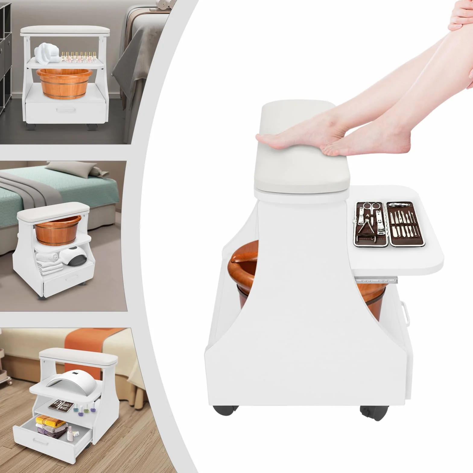 Przenośny wózek na kółkach, do manicure, pedicure, podnóżka z kółkami i szufladą, do pedicure, masażu, pielęgnacji paznokci u stóp w salonach piękności (kolor biały)