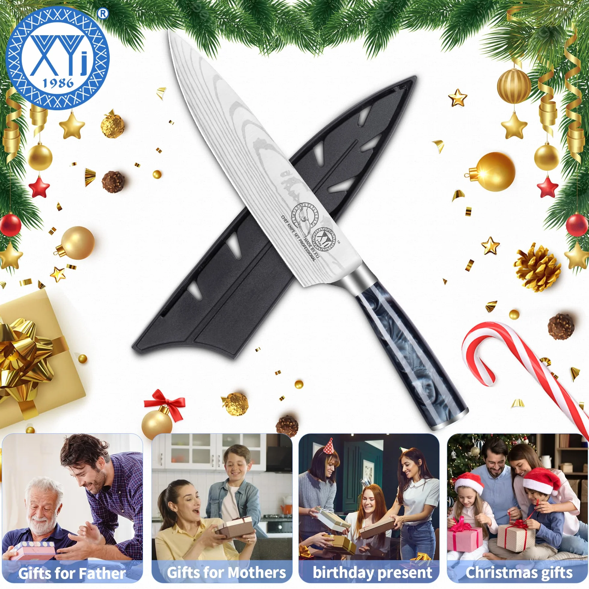 XYJ Authentic Since 1986,8 Inch Japanese Chef Knife,Stainless Steel,Vein Damascus Pattern Sharp Blade,Meat Cleaver for Meat Cutting,Professional Kitchen Knife With Sheath,Outdoor Camping BBQ