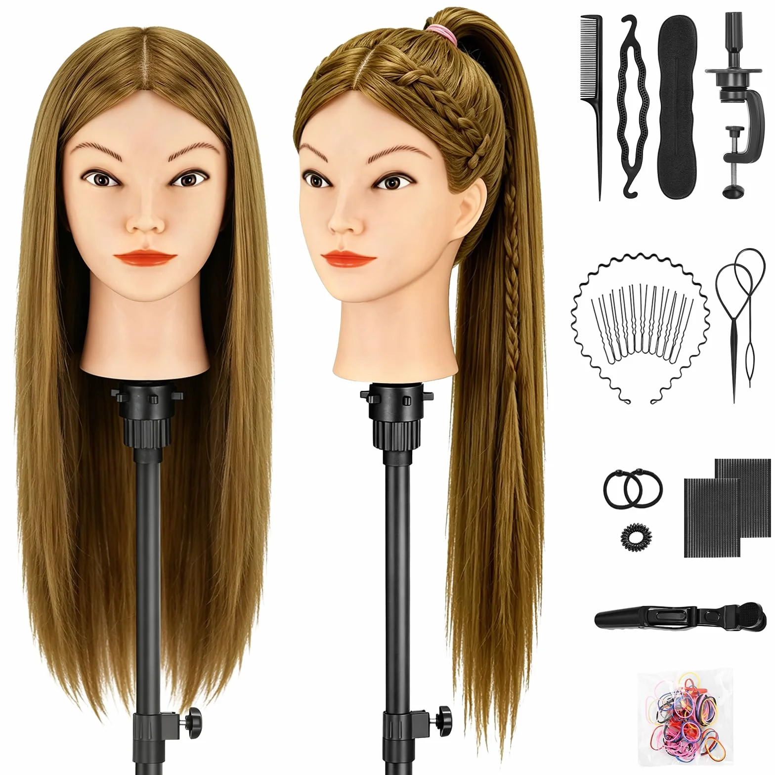 TwoWin Głowa treningowa fryzjerska, 50 cm, głowa manekina z włókna syntetycznego, głowa do stylizacji peruki z zaciskiem i zestawem do zaplatania DIY (brązowa)