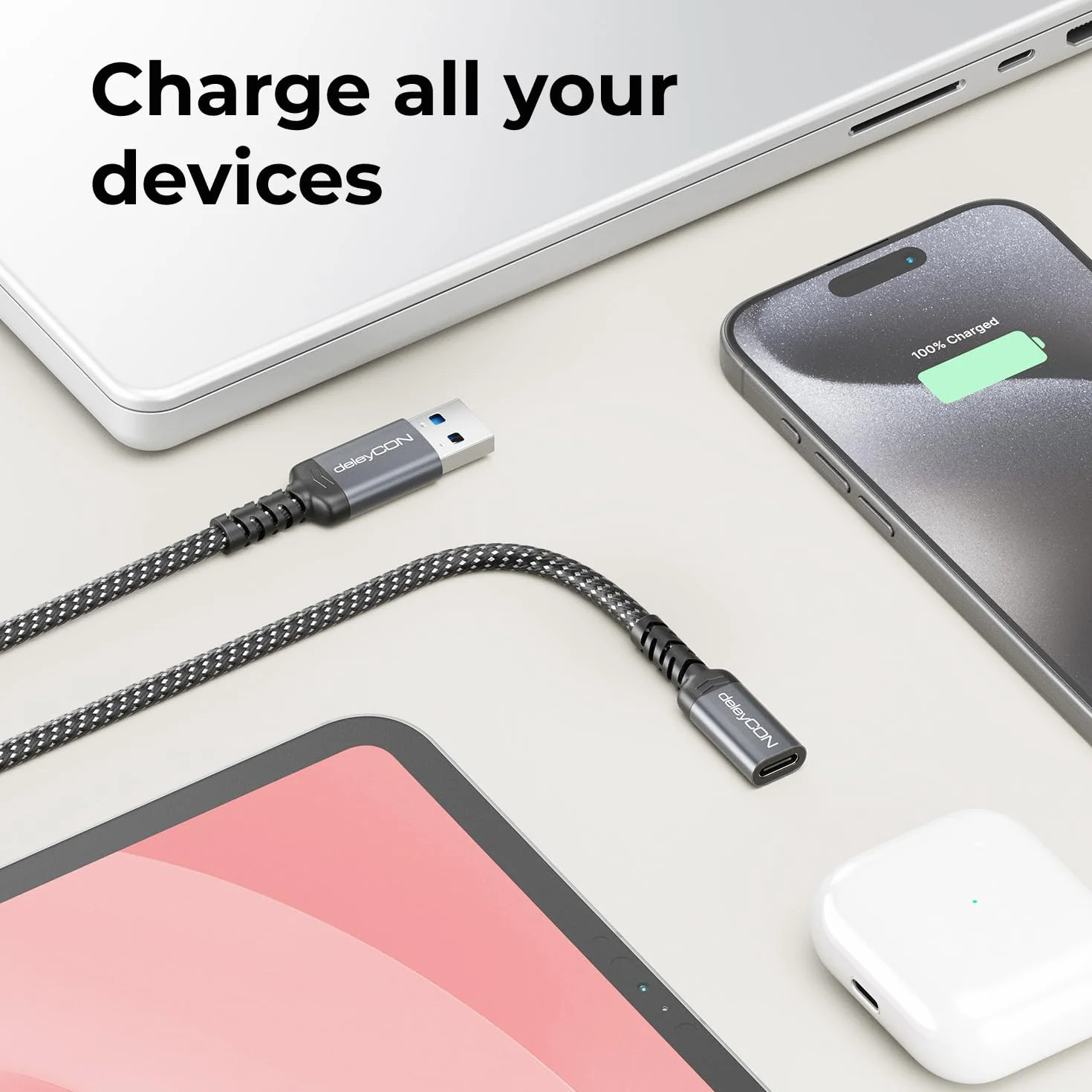 deleyCON Adapter USB-C na USB 10 Gbps - Gniazdo Typ-C do Wtyku USB-A, Przewód - do iPhone 17/16/15, iPad, Galaxy S25/S24/S23, A56, A16, Laptopa, SSD, HDD, Notebooka, CarPlay itp.