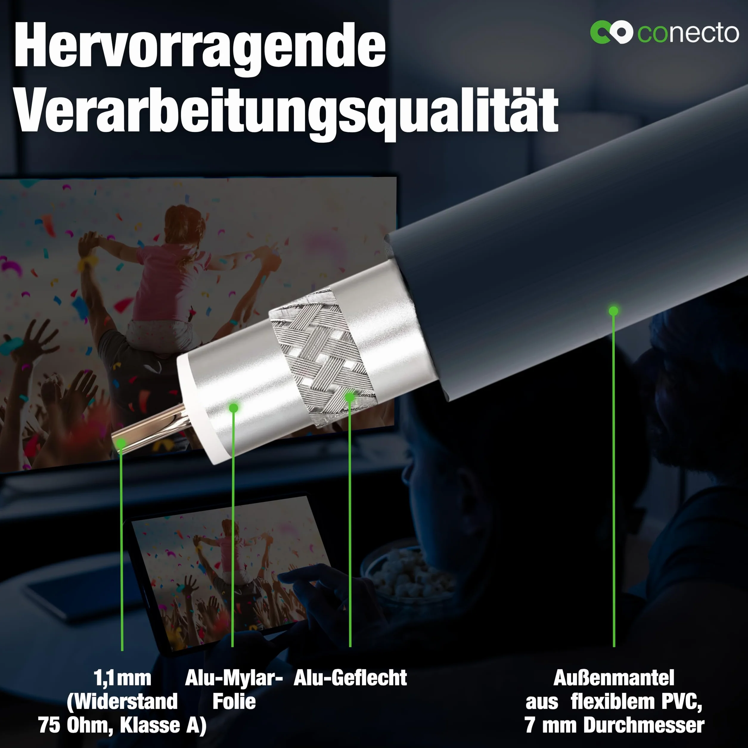conecto Kabel antenowy SAT, kabel koncentryczny, kabel satelitarny TV 1 m, podwójnie ekranowany, wtyczka F, do HDTV, odbiornika, satelity, Internetu, DAB, radia, czarny