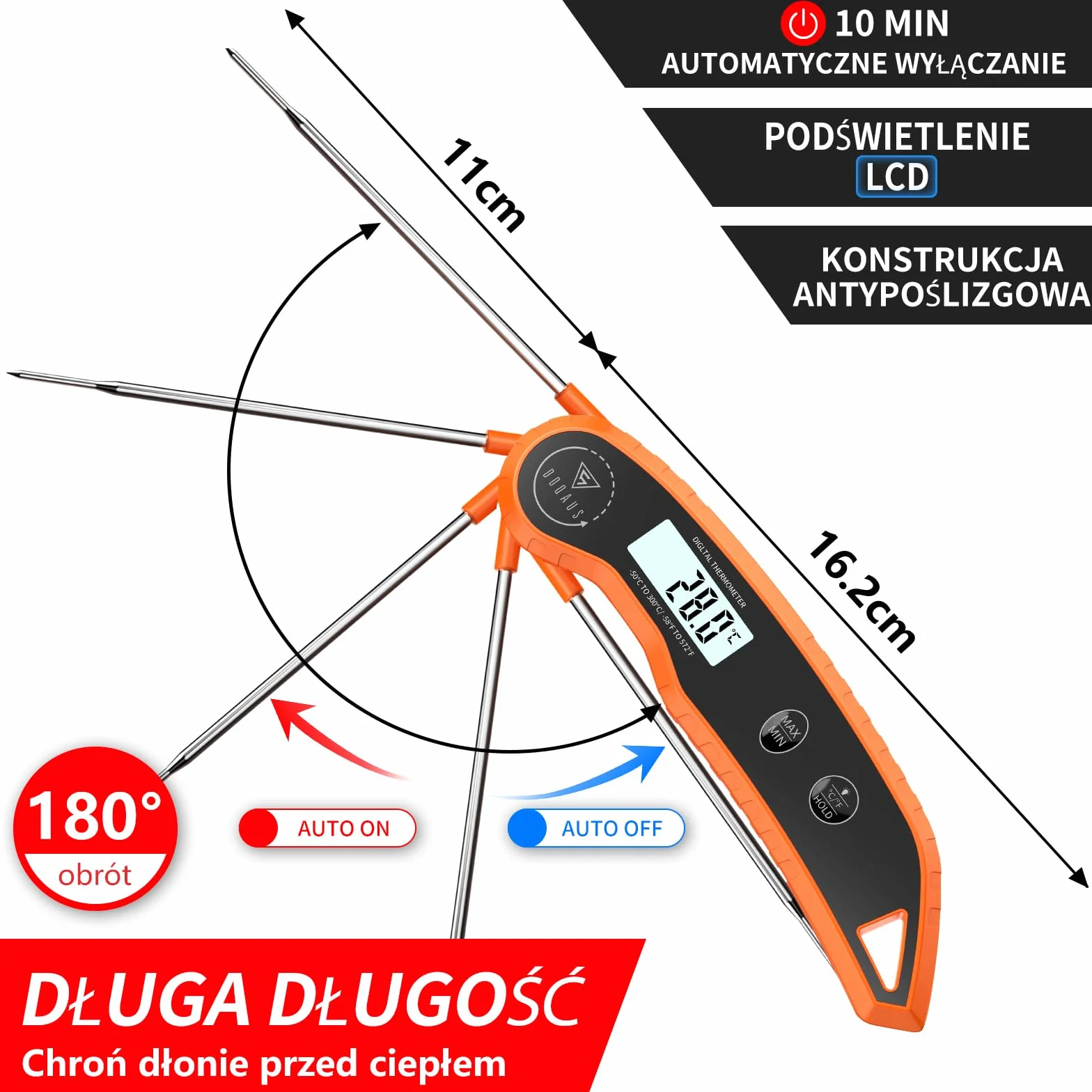 DOQAUS Termometr do grillowania, Cyfrowy Termometr, Natychmiastowy Odczyt w 3 Sekundy, Dokładność ±0,5℃, Podświetlany Ekran Lcd, Do Kuchni, Żywności Dla Niemowląt, Grilla, Oleju (Pomarańczowy)