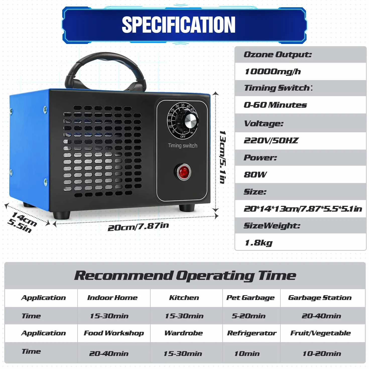 Przenośny przemysłowy oczyszczacz powietrza O3, generator ozonu 10 000 mg/h, z timerem, do usuwania zapachów i zanieczyszczeń, do pomieszczeń, garażu, gospodarstw rolnych, hoteli (niebieski)