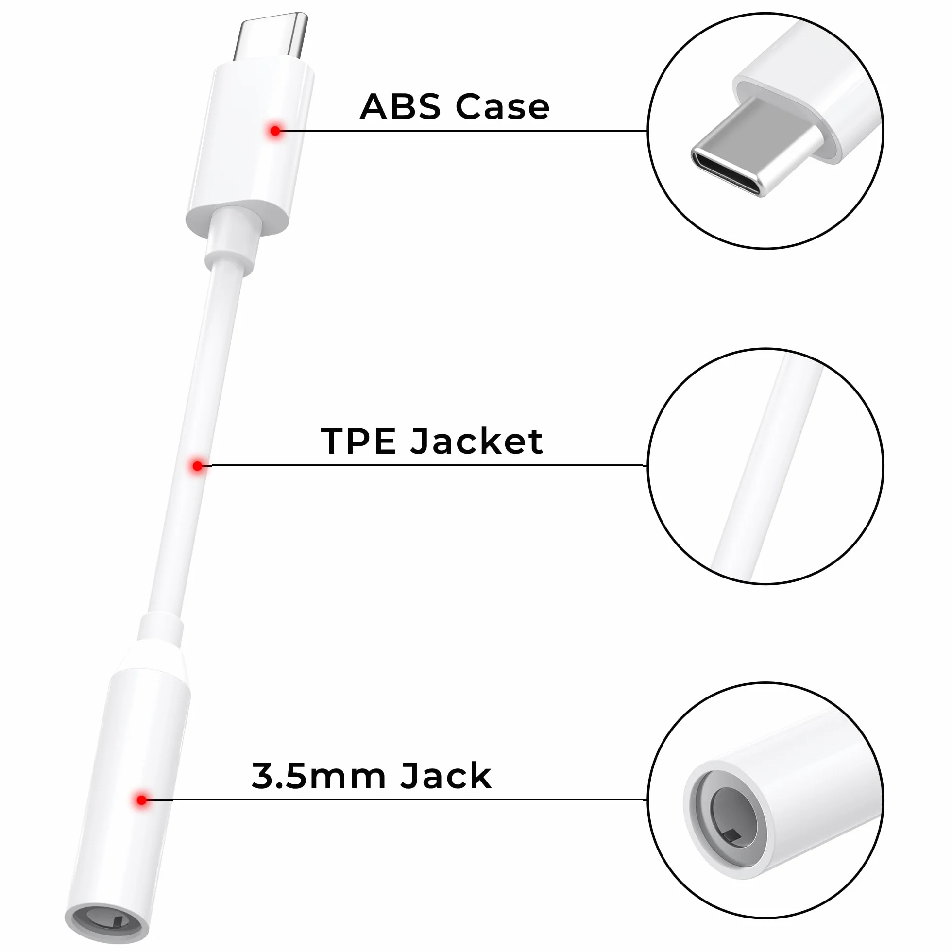 Adapter gniazda słuchawkowego 3,5 mm, adapter USB typu C do iPhone'a 16 15 Pro Max Plus, typ C na audio dla Galaxy S24 S23 Ultra Note 20 A54, dla Huawei P50 P40/Mate 30 (biały)