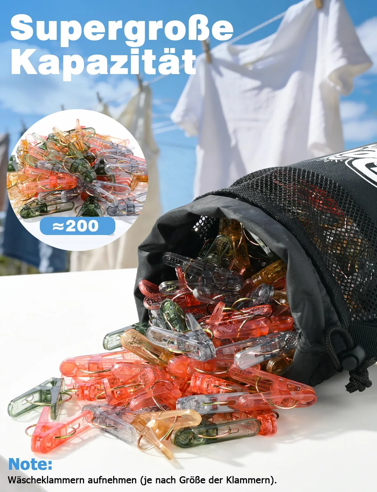 Mellbree Worek na spinacze do bielizny z paskiem na ramię, organizer bez użycia rąk, na 150-200 spinaczy