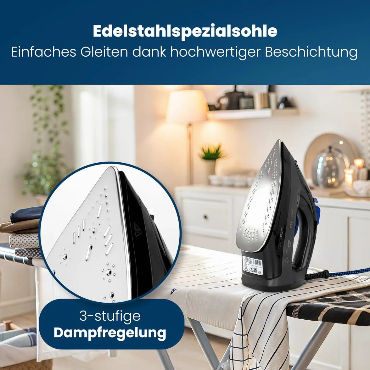 Clatronic DB 3703 263855 Żelazko Parowe, 1800 W, Czarno/Niebieski