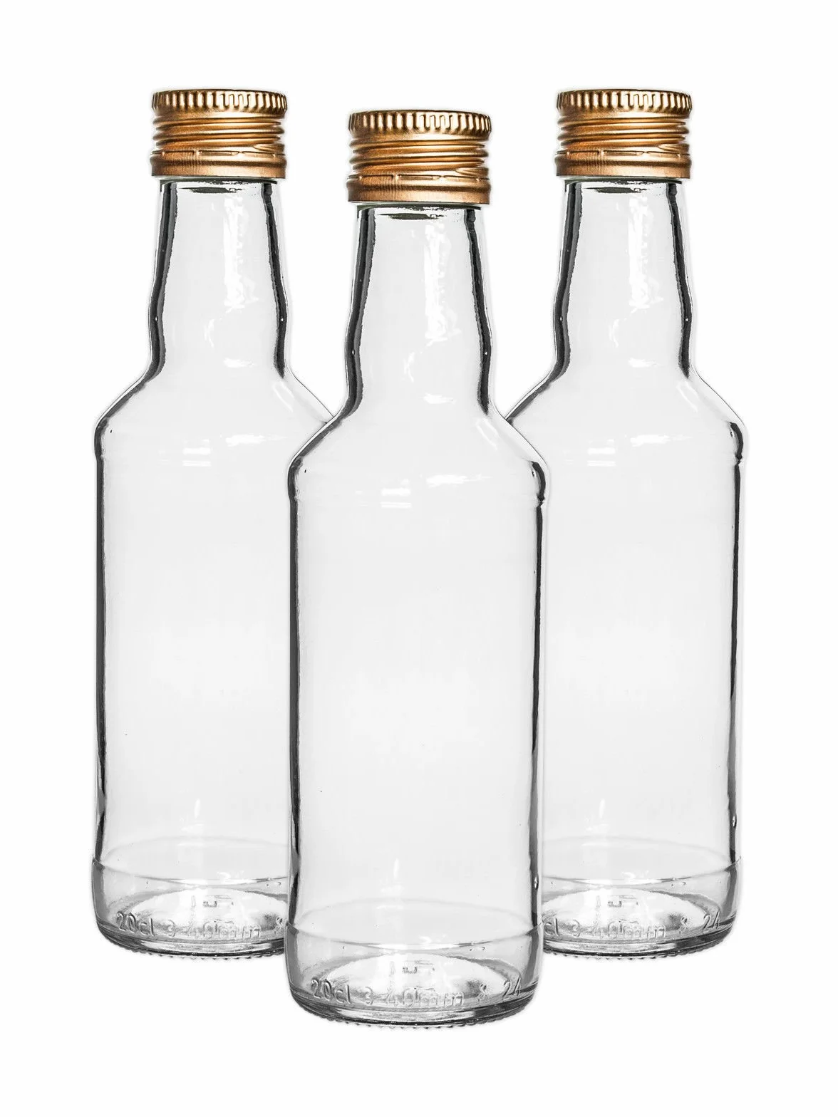 Szklane butelki 200 ml ze złotymi zakrętkami – puste butelki spirytusowe 20 cl 4-pak
