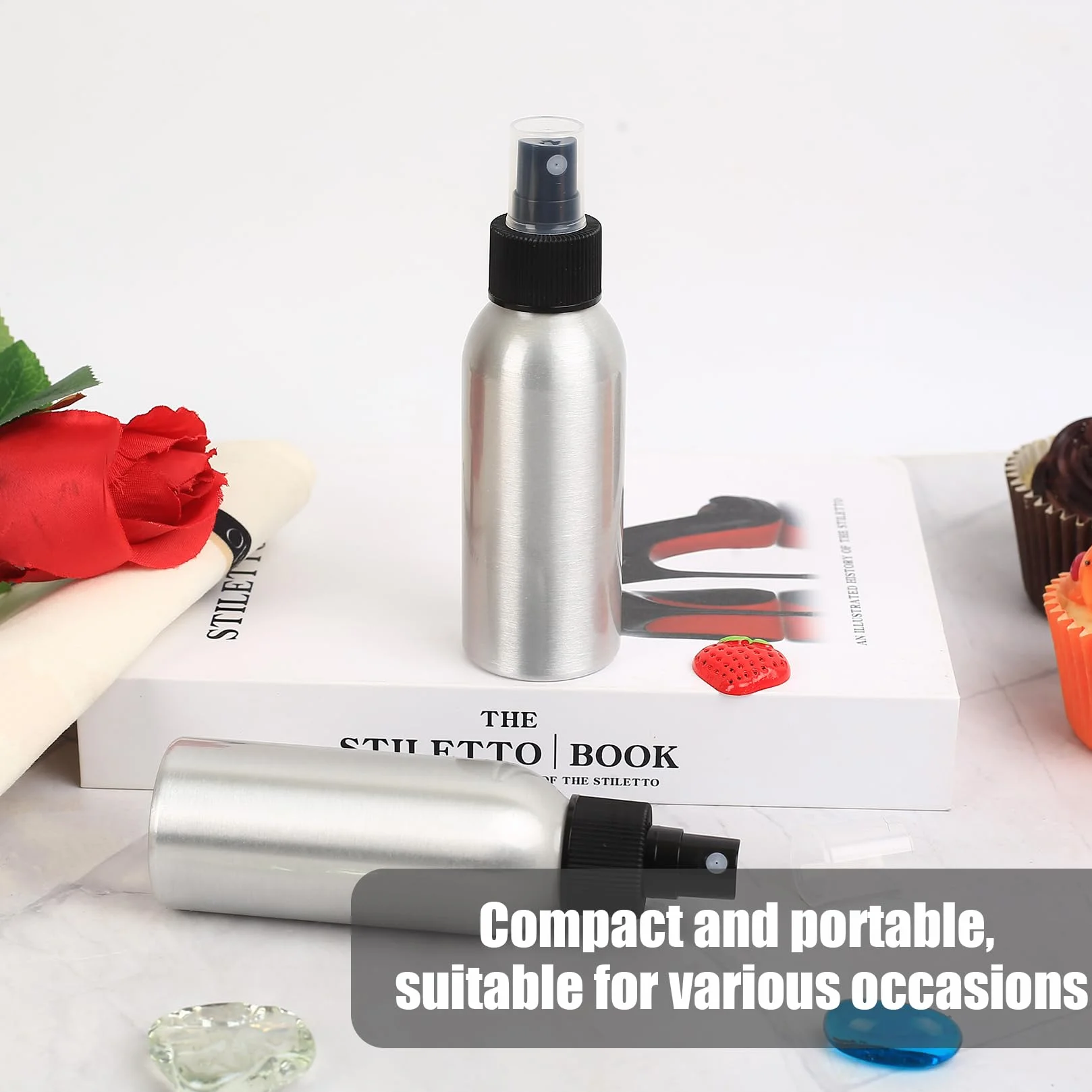 5 Sztuk Małych Butelek z Rozpylaczem 50ml, Aluminiowy Atomizer, Puste Butelki z Rozpylaczem do Napełniania, Butelka z Pompką do Kosmetyków Płynów Olejków Eterycznych, z 2 Lejkami, 1 Naklejką