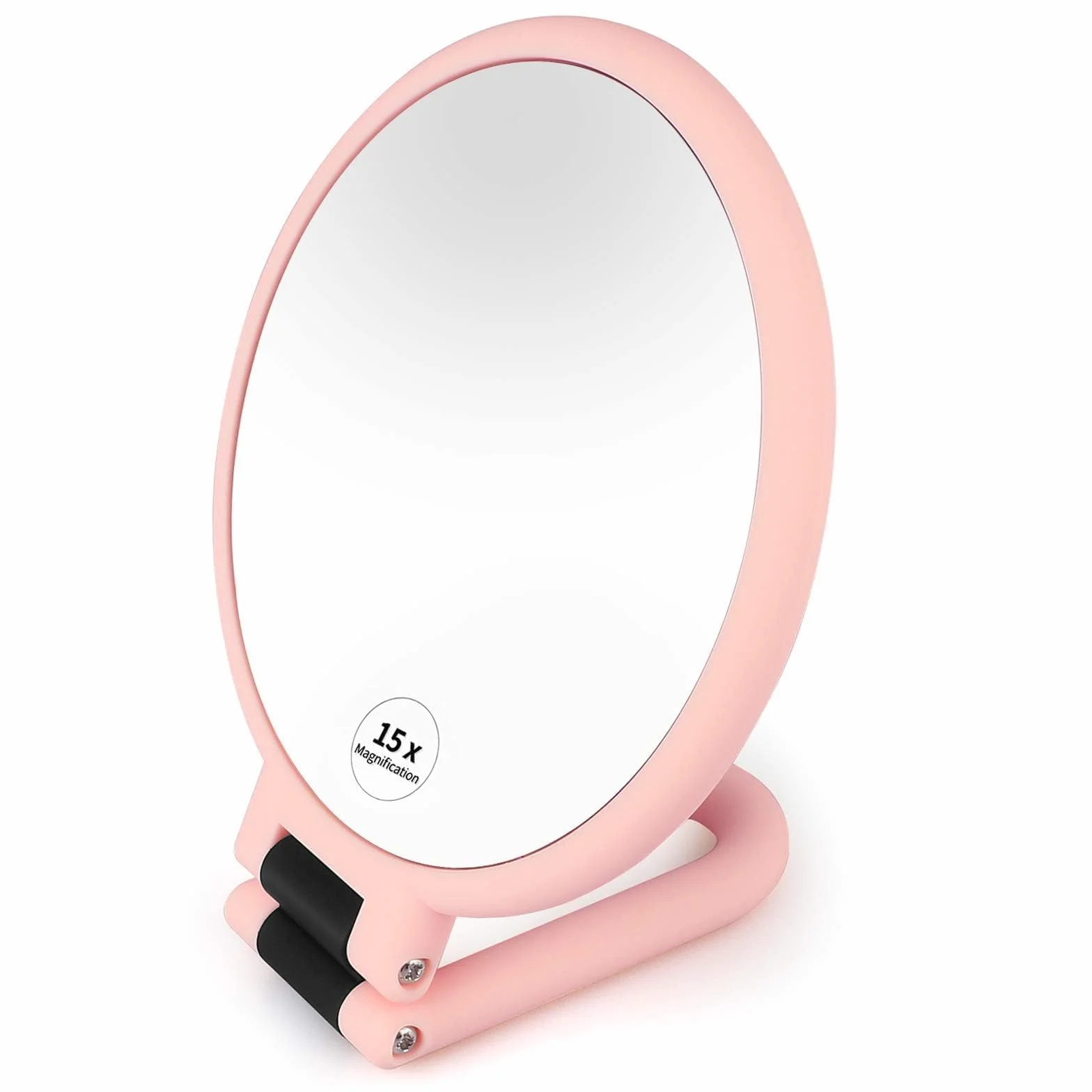 Linkstyle dwustronne lusterko powiększające, 1 x 15 x małe lusterko do makijażu ze składanym uchwytem 360°, wolnostojące, przenośne, kosmetyczne, dla dziewcząt, kobiet, mężczyzn, do golenia, różowe