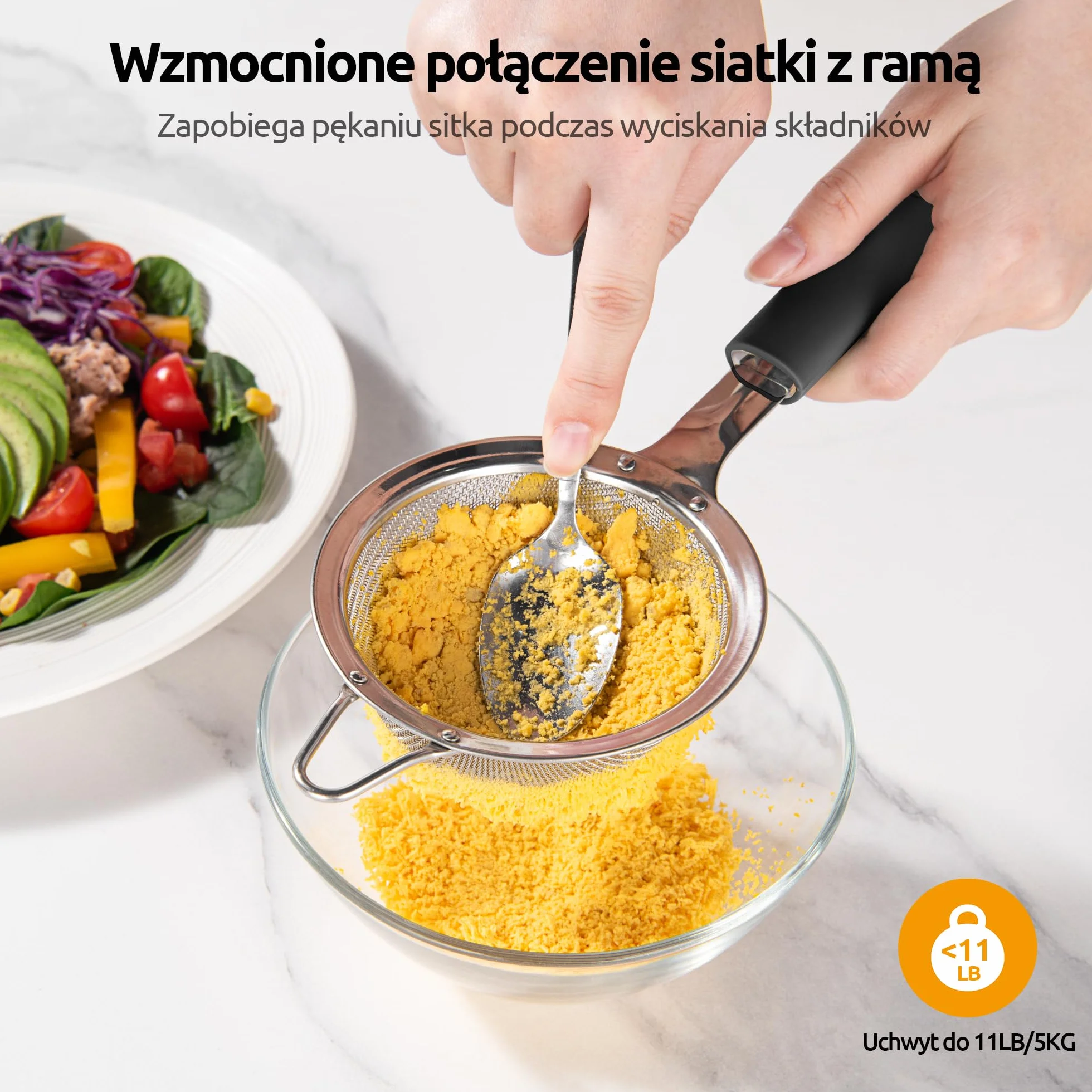 U-Taste Sitko o drobnych oczkach: Małe sitko kuchenne ze stali nierdzewnej 18/8 z nitowanym, wytrzymałym silikonowym uchwytem do przesiewania mąki, herbaty, ryżu Quinoa (8,5 cm, Czarny)