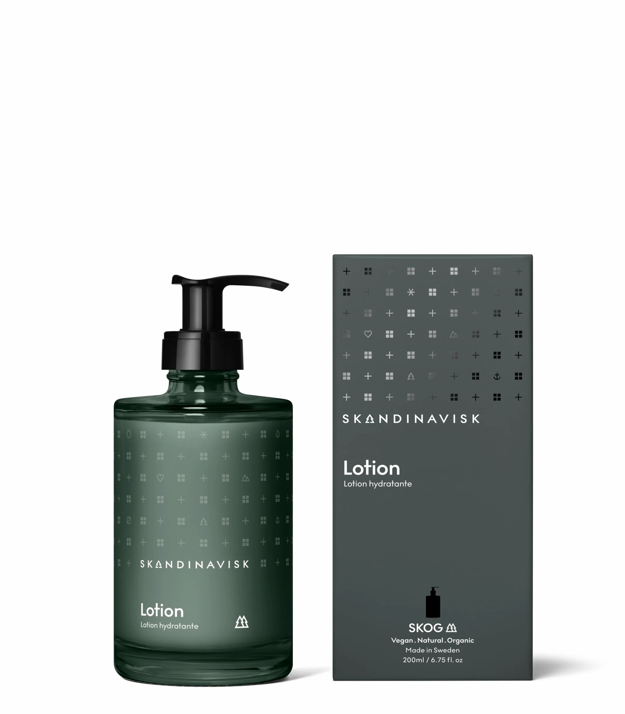 Skandinavisk Skog 'Wald' balsam do rąk i ciała, nuty zapachowe: igły sosnowe i szyszki jodłowe, sok brzozowy i konwalia, kolorowa szklana butelka z pompką, 200 ml