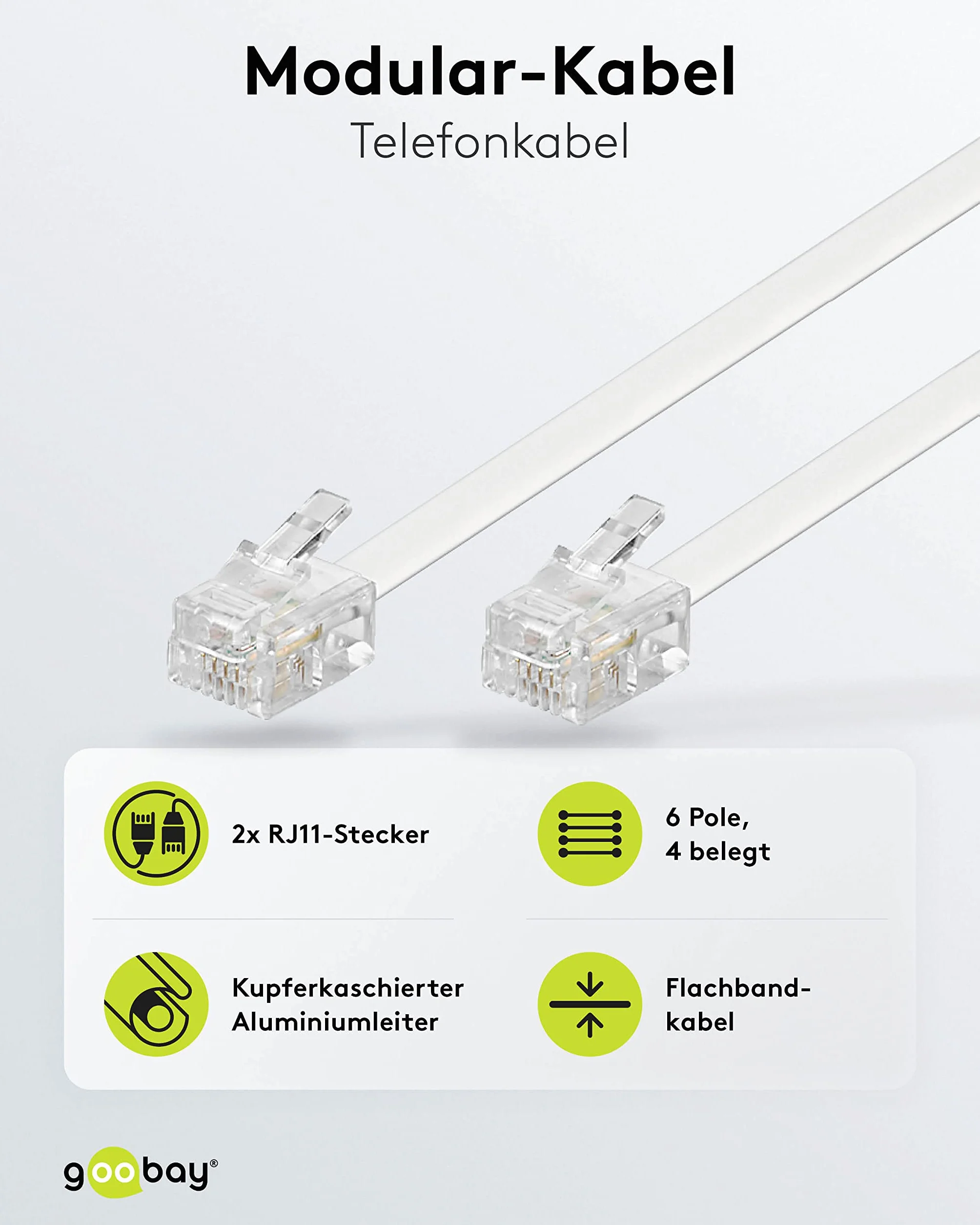 Goobay 93063 kabel przyłączeniowy modułowy 10 metrów, biały - wtyk RJ11/RJ14 (6P4C) do wtyczki RJ11/RJ14 (6P4C)