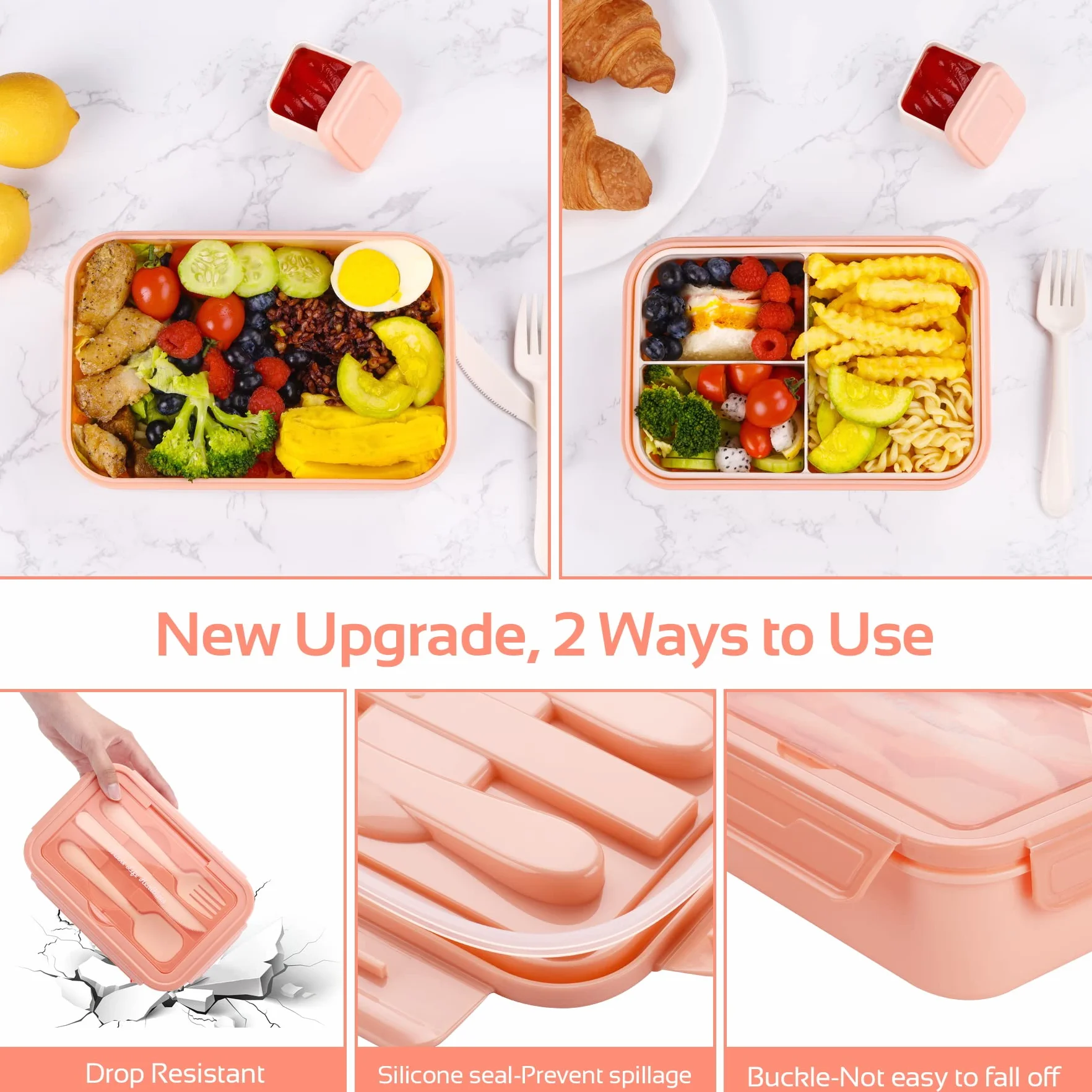 LUZOON pudełko na lunch, Bento Box, śniadaniówka dla dorosłych, 1400 ml, z 3 przegródkami, w zestawie Pudełko ze sztućcami, do kuchenki mikrofalowej i zmywarki, do szkoły, pracy, na piknik, podróż,