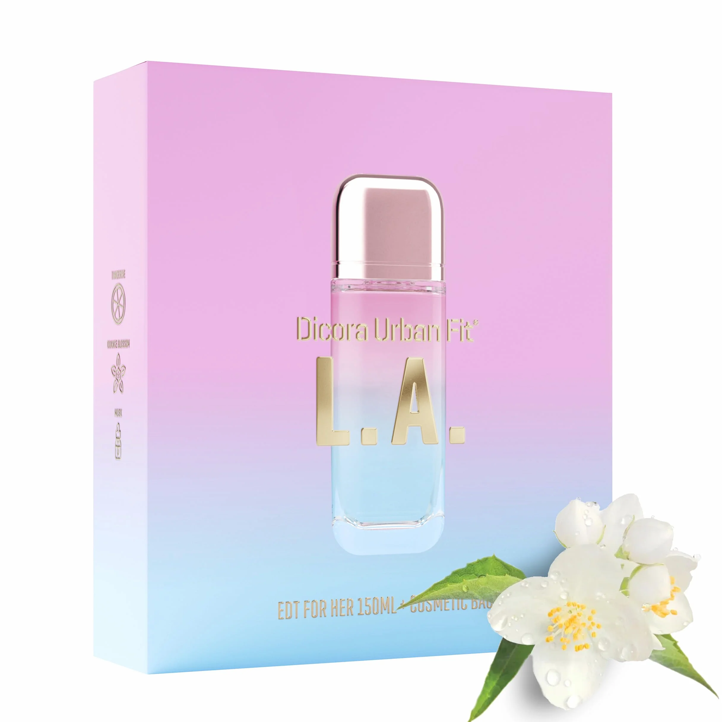 DICORA URBAN FIT SET L.A. FOR HER + NECESER, perfumy damskie EDT, 150 ml, zapach kwiatowy i owocowy, woda kolońska z mandarynką, kwiat pomarańczy i piżmo
