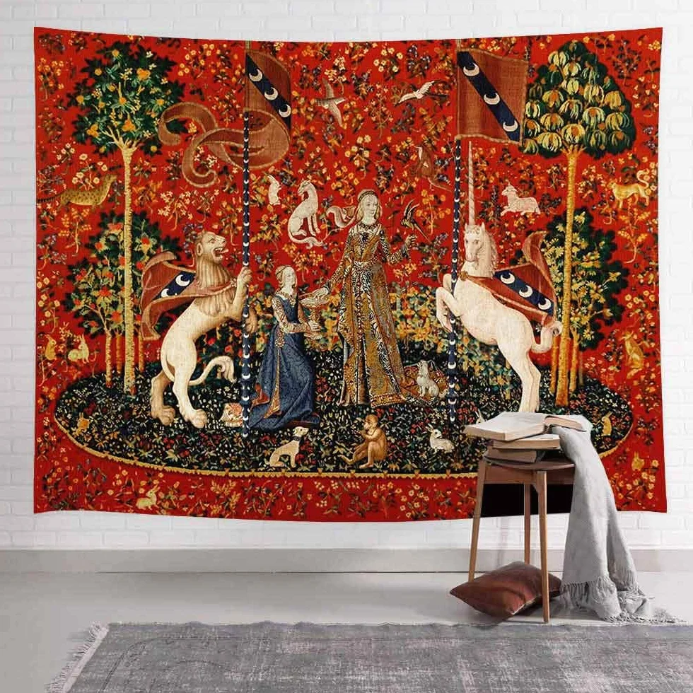 FEASRT Gobelin średniowieczny damski europejski królewski gobelin damski i jednorożec gobelin do sypialni salonu mieszkania akademika dekoracja ścienna gobeliny 203 x 152 cm GTDSAY76