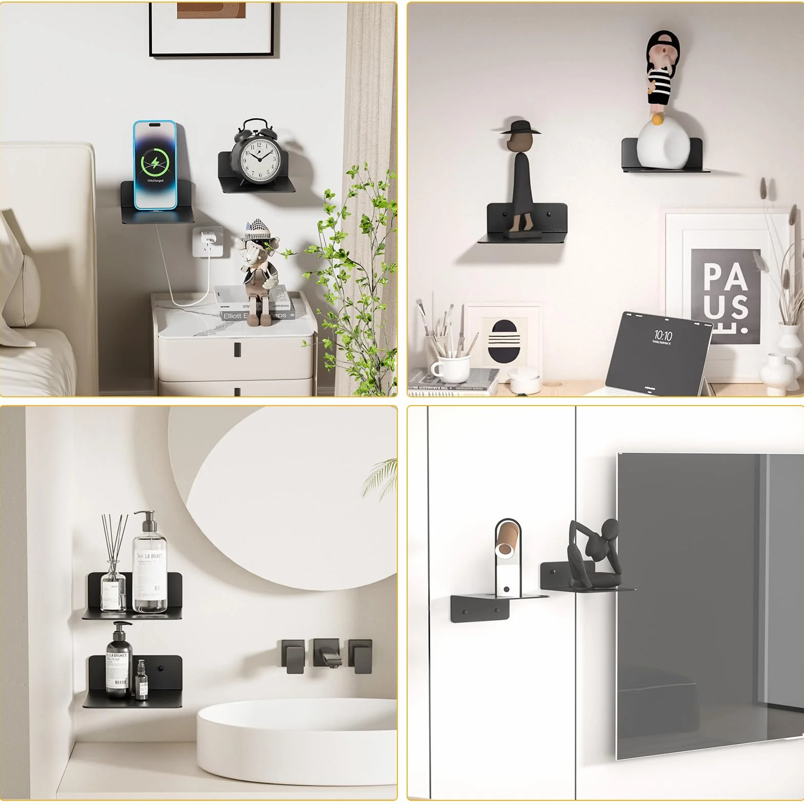 Wisafame Czarne metalowe półki ścienne 12,5 cm zestaw 2 sztuk z otworami na kabel