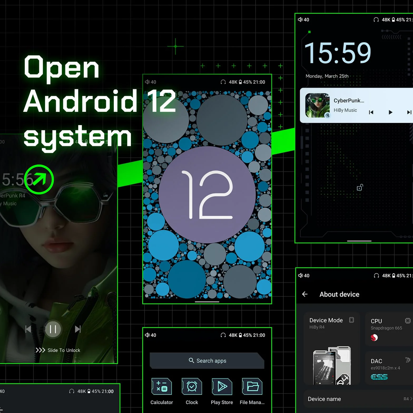 HiBy R4 Odtwarzacz MP3 Android z Bluetooth i WiFi, wbudowany 4DAC Android12, obsługuje odtwarzanie, DSD PCM MQA z wtykiem 4,4 mm (balanced) i pamięcią 32 GB (czarny)