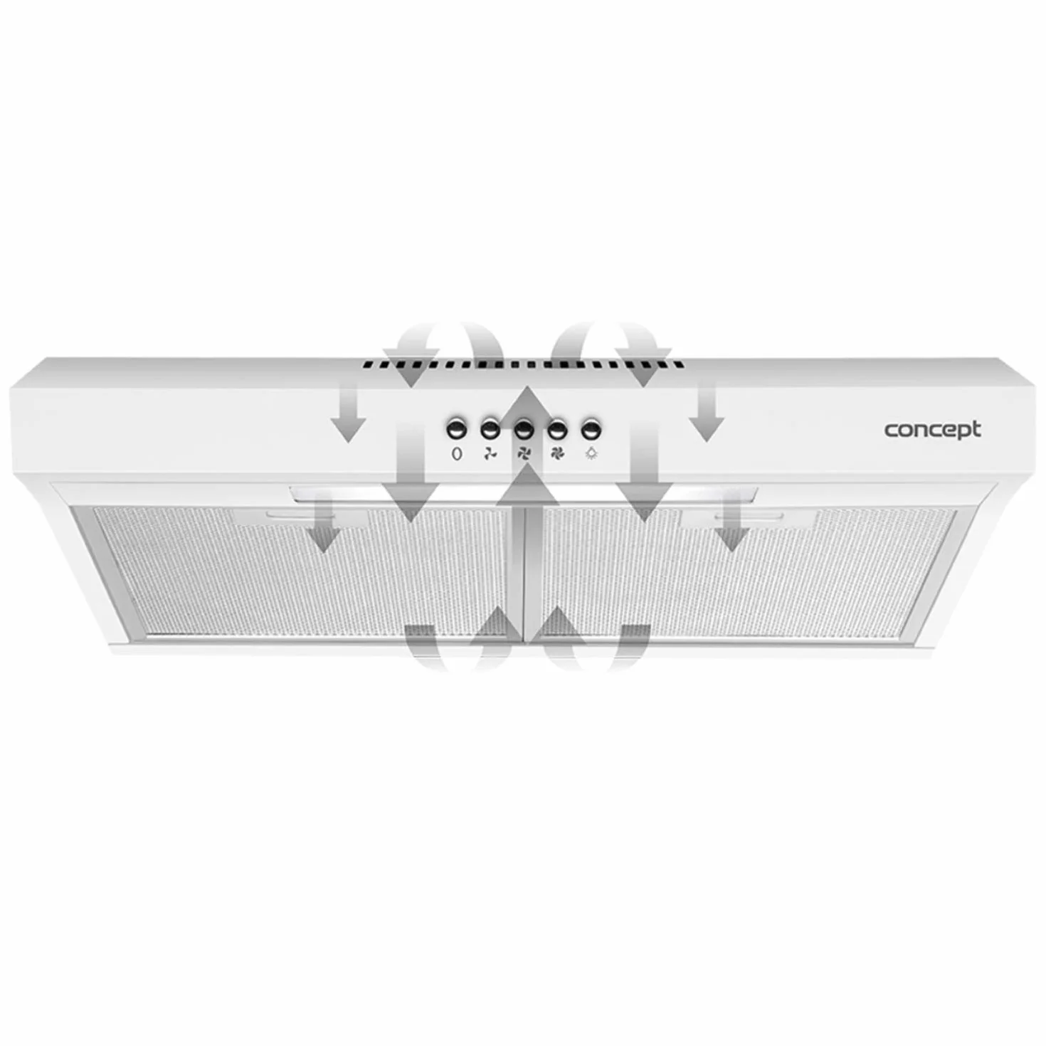 Concept OPP1250 okap kuchenny 50 cm z oświetleniem LED i 3 poziomami mocy 135 m³/h 65 W funkcja powietrza wylotowego/obiegowego 60 dB 82 mm Slim (biały)