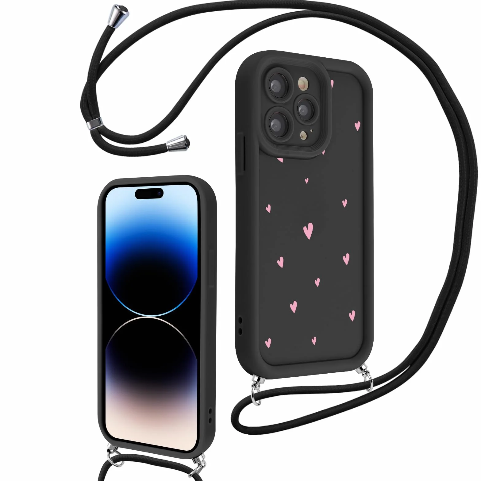 Smycz do iPhone 15 Pro Max 6,7 cala, estetyczne wzory serca ze sznurkiem naszyjnik pasek na ramię, cienki silikonowy zderzak, odporny na wstrząsy futerał ochronny do iPhone 15 Pro Max, czarny