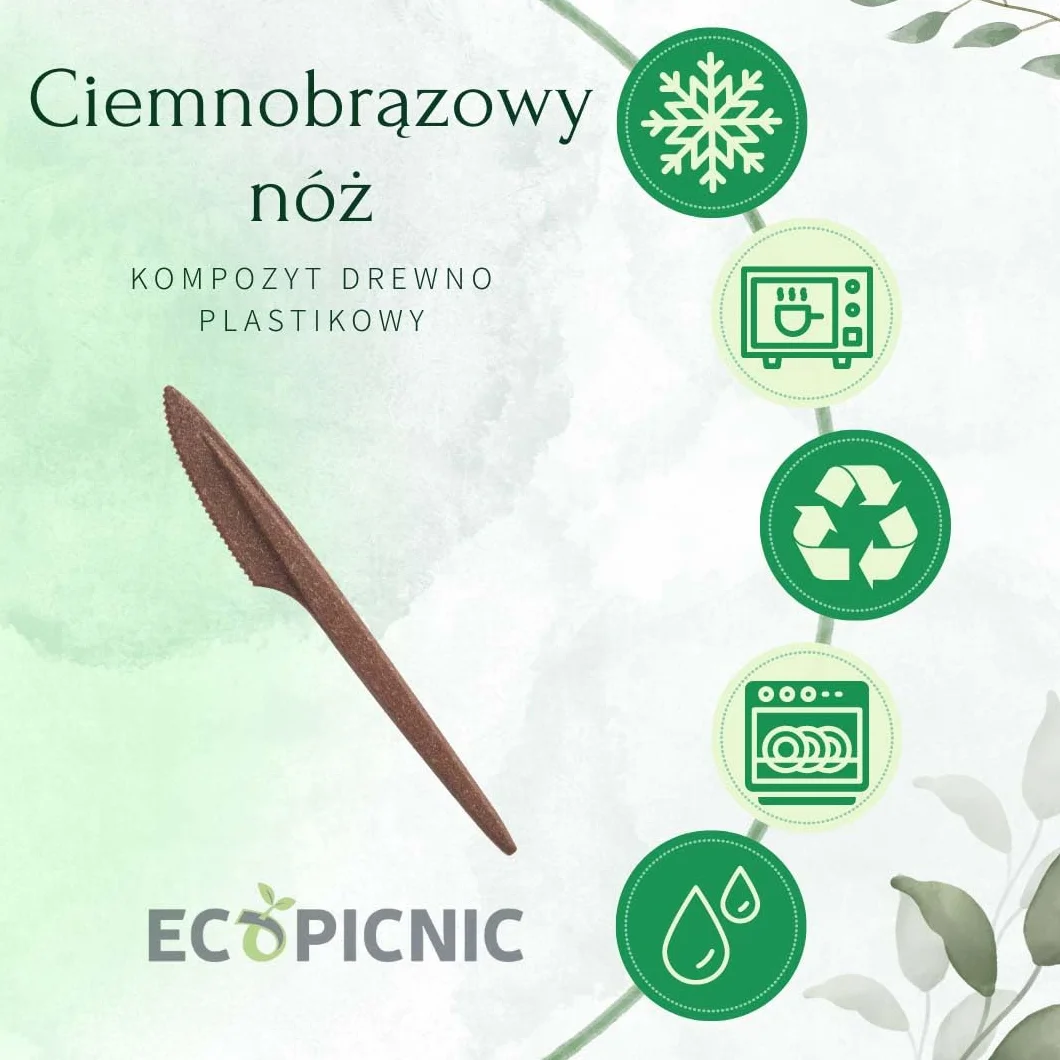 100 sztuk Jednorazowych Noży WPC Ciemnobrązowych | Biodegradowalne Noże o Stylu Drewnianym, Ekologiczne i Trwałe Sztućce na Catering, Wydarzenia i Na Wynos