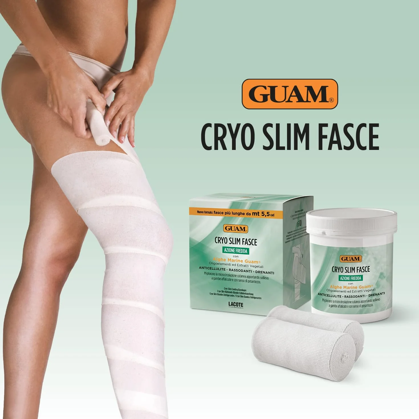 Guam, Cryo Slim taśmy chłodzące, z algami morskimi Guam przeciw cellulitowi, ujędrniające, odprowadzające, 2 gotowe do użycia, taśmy wielokrotnego użytku, 5,5 m x 10 cm, wyprodukowano we Włoszech