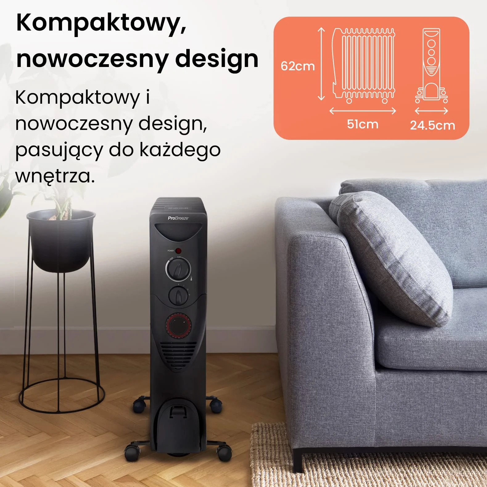 ProBreeze Olejowy Grzejnik Elektryczny 2500W z Termostatem 24h Timer 3 Poziomy Mocy Czarny