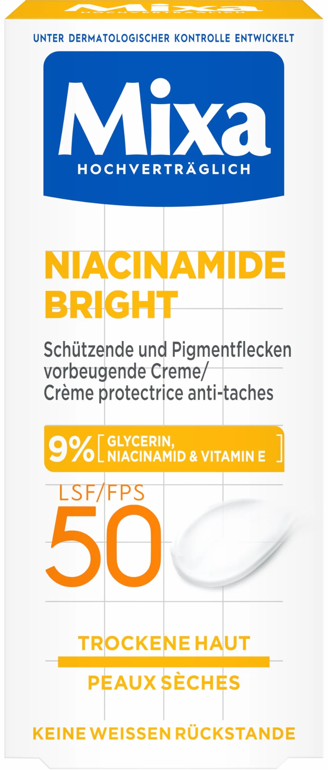 Mixa Krem ochronny i pigmentowy SPF 50, krem zapobiegający powstawaniu plam pigmentowych, do suchej skóry, Niacinamide Bright, hipoalergiczny, 50 ml