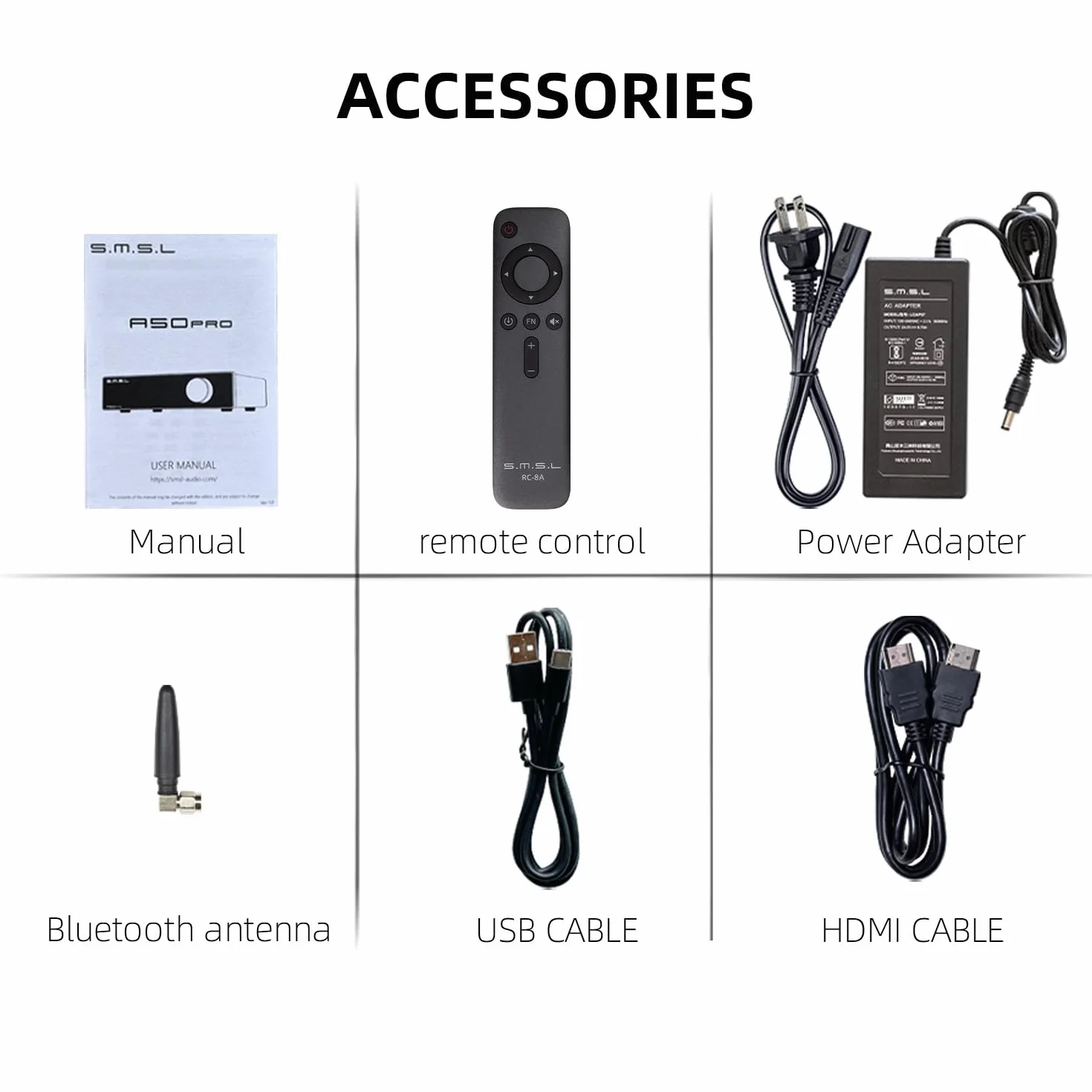 S.M.S.L A50PRO Wzmacniacz mocy HiFi, filtr górno-/dolnoprzepustowy 2.1-kanałowy, układ MA12070P Infineon, wejście Bluetooth 5.0/USB/HDMI/AUX, pasywny subwoofer z regulacją głośności (A50 PRO)